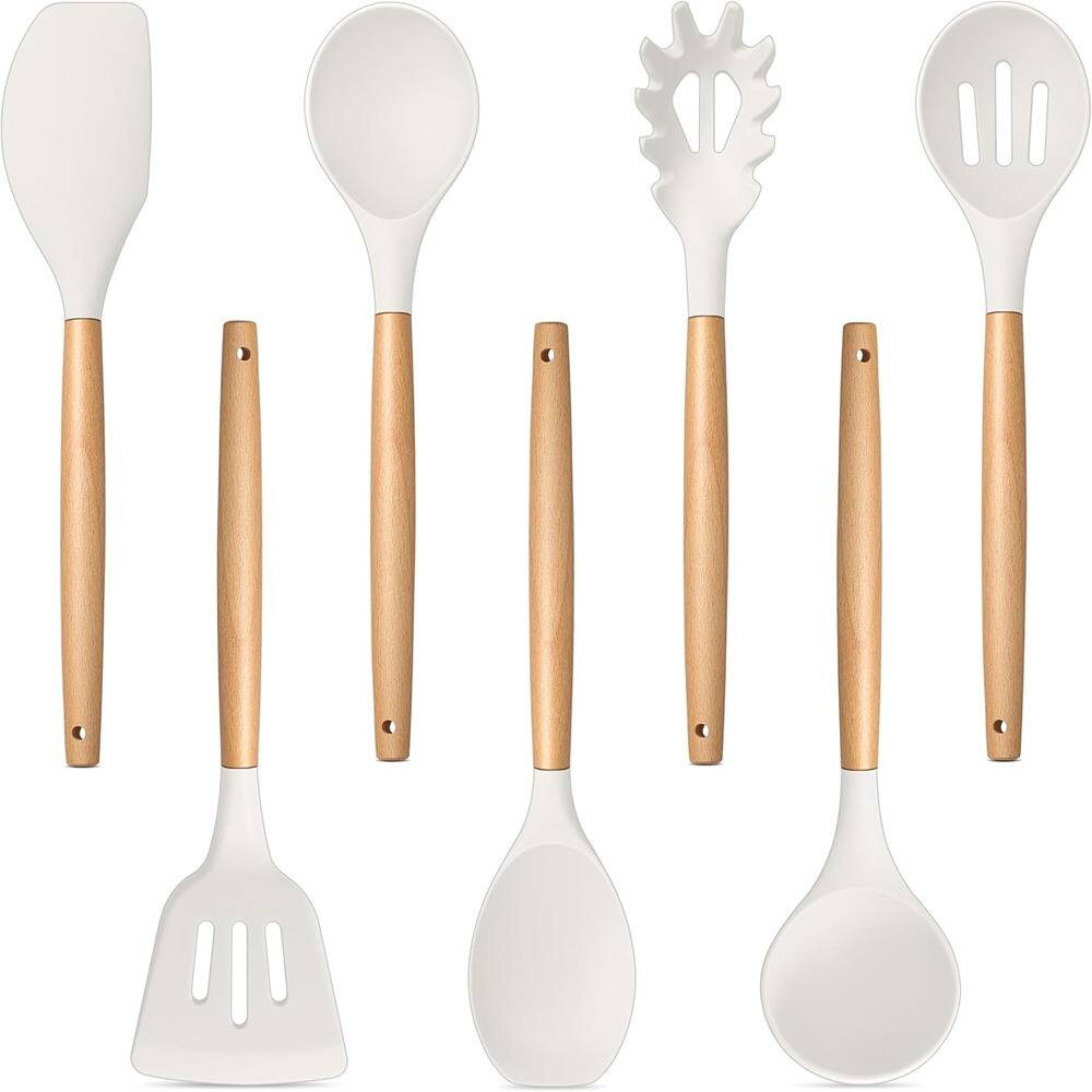 Front. RTMB - Seven silicone cooking utensils with wooden handles that are non-toxic - WHITE.