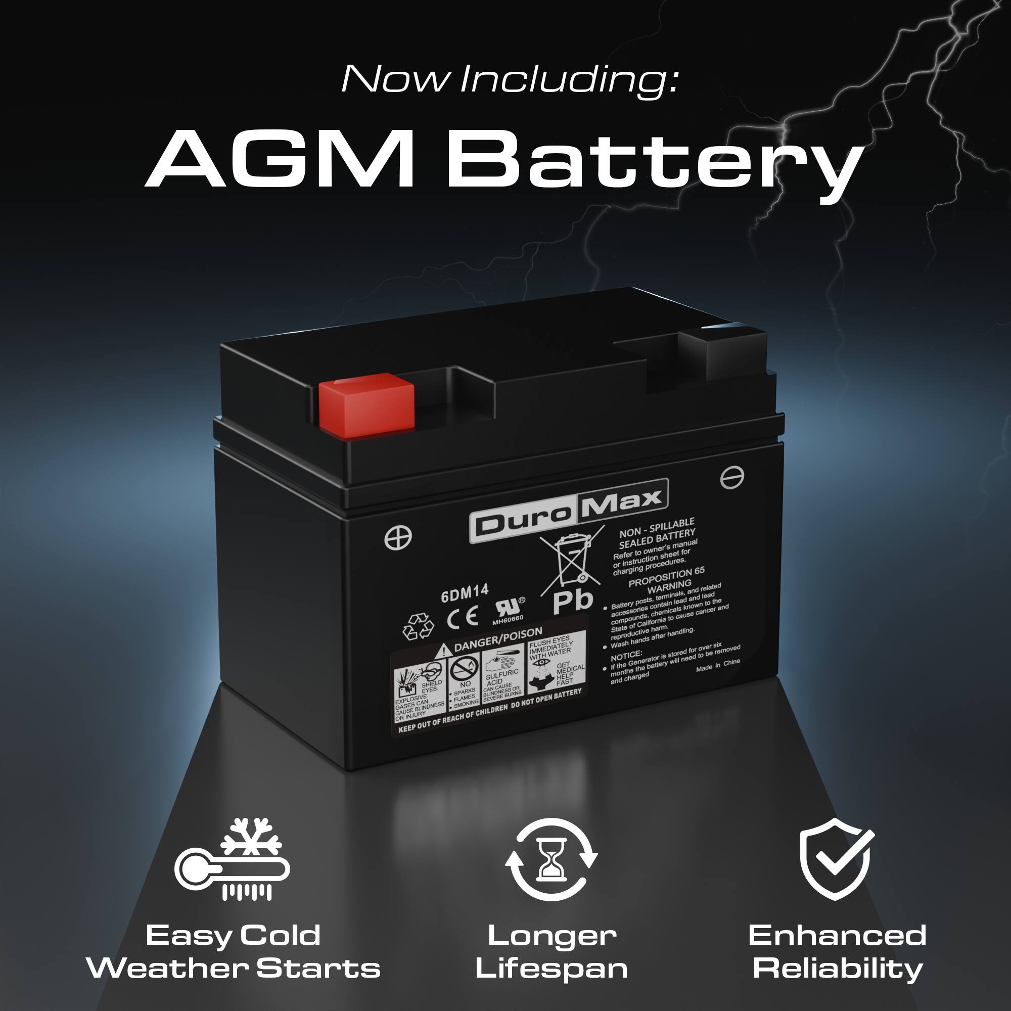 Now Including: AGM Battery Max Duro NON SPILLABLE BATTERY SEALED - - Raer - - - - intruc procedures charging e PROPOSITION WARNING - 6DM14 - - Pb - - - - - -Y - Armum - CE *LR - -thig - - - - compourde - - Calbrms - - neoding DANGER/POISON -productve Aaru untar CANN -AA - - O NOTICE - d - - - - - . t Ceeo -to - - - - - - A sherged - Na F - - -A P - BAFTEST LMES MaT arn -_ - ..- - - - - - RAGR BEEP eUT Easy Cold Weather Starts Longer Lifespan Enhanced Reliability