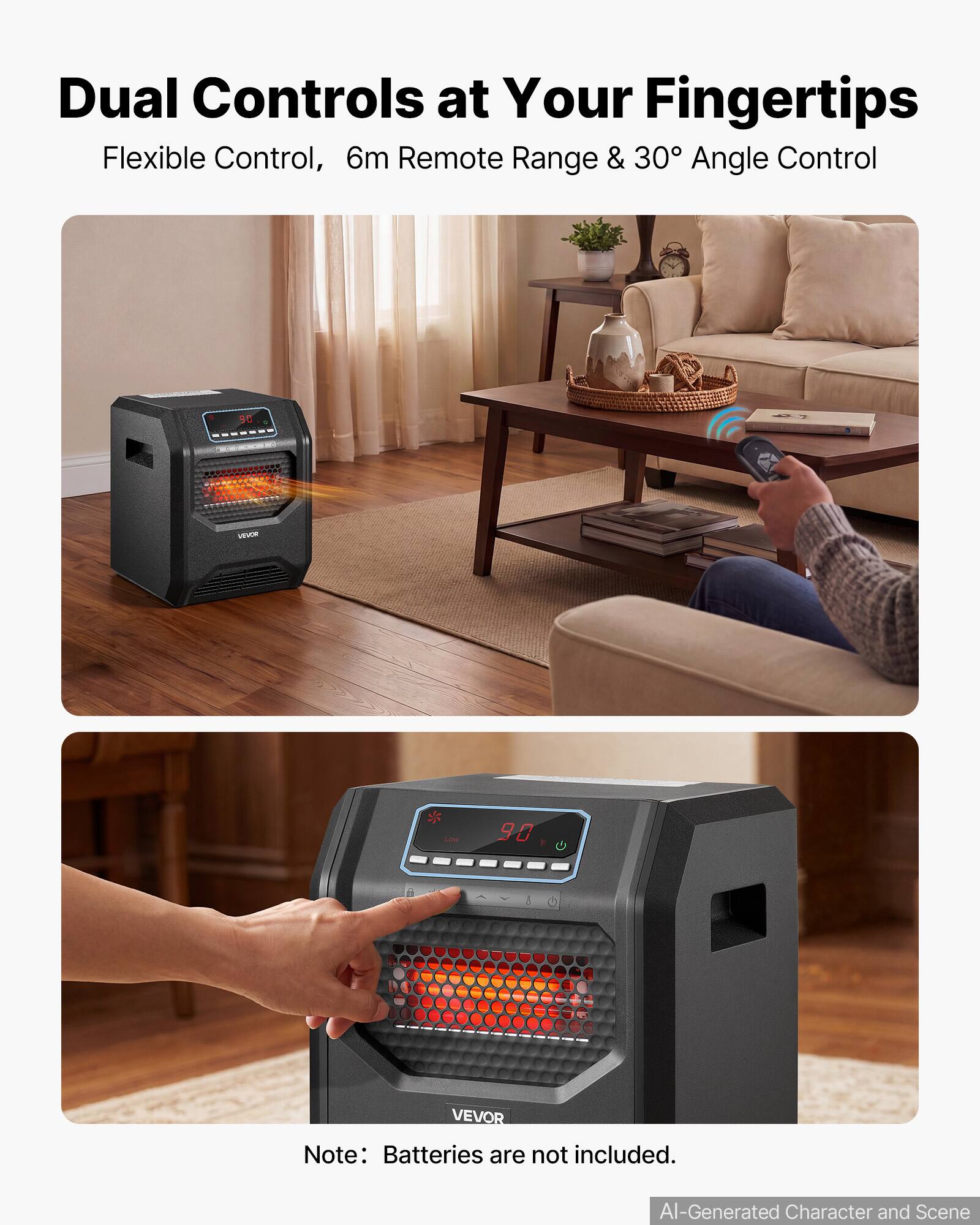 Dual Controls at Your Fingertips  
Flexible Control, 6m Remote Range & 30° Angle Control  

90  
VEVOR  
Low  
90 F  
U  
a  
1  
VEVOR  

Note: Batteries are not included.  
AI-Generated Character and Scene