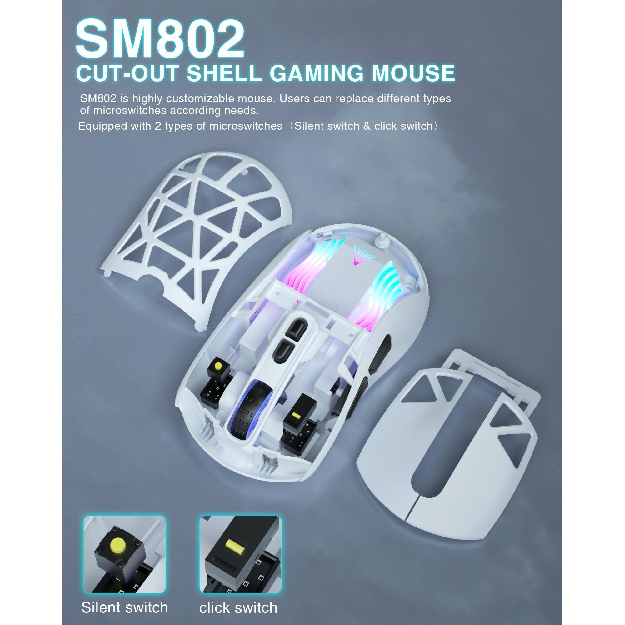 SM802 CUT-OUT SHELL GAMING MOUSE

SM802 is highly customizable mouse. Users can replace different types of microswitches according to needs. Equipped with 2 types of microswitches (Silent switch & click switch)

Silent switch
click switch