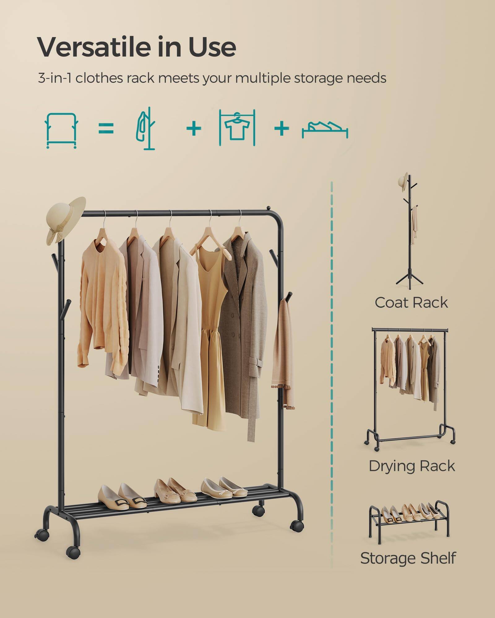Versatile in Use

3-in-1 clothes rack meets your multiple storage needs

= Coat Rack + Drying Rack + Storage Shelf