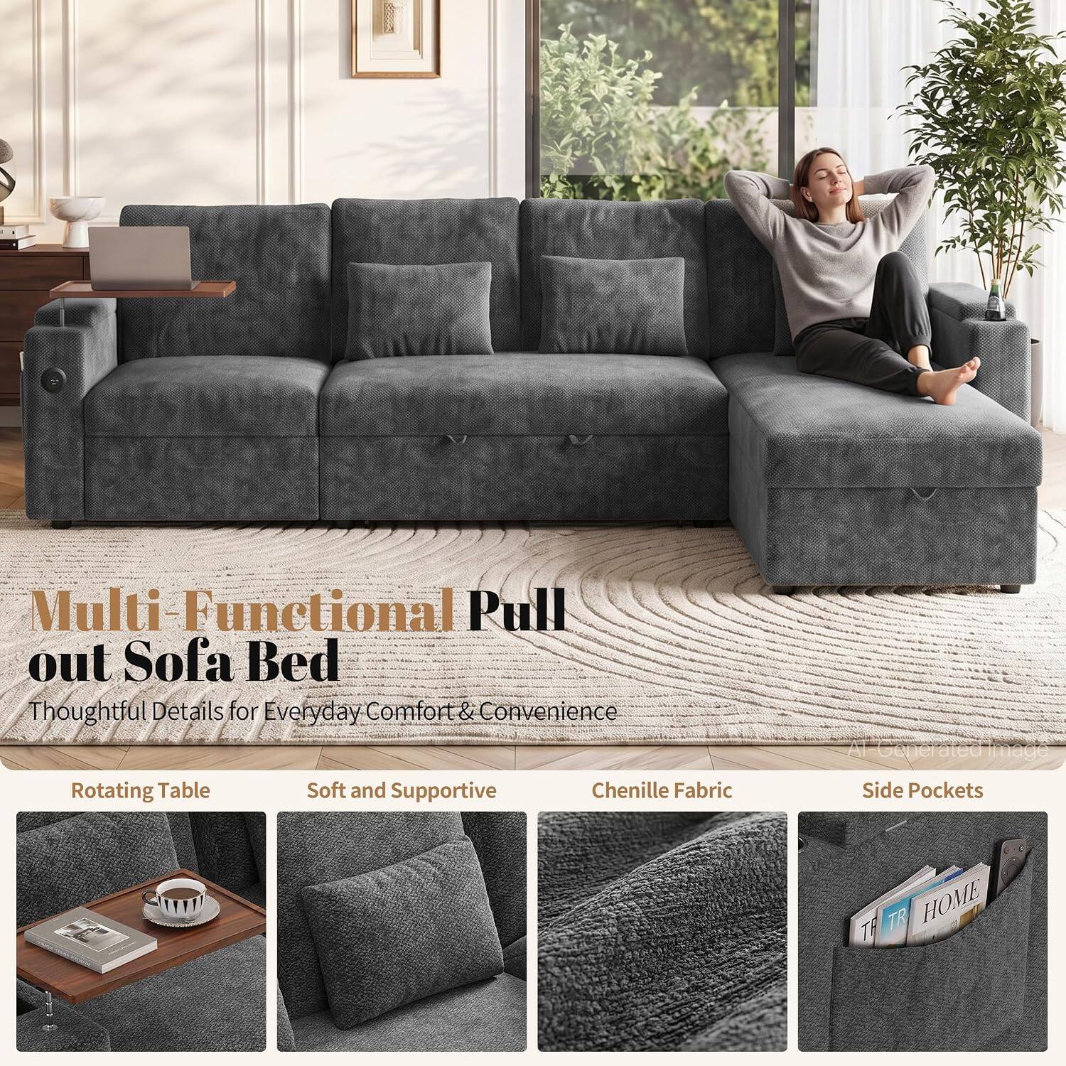 Multi-Functional Pull out Sofa Bed  
Thoughtful Details for Everyday Comfort & Convenience  

Rotating Table  
Soft and Supportive  
Chenille Fabric  
Side Pockets  

TH TR HOME