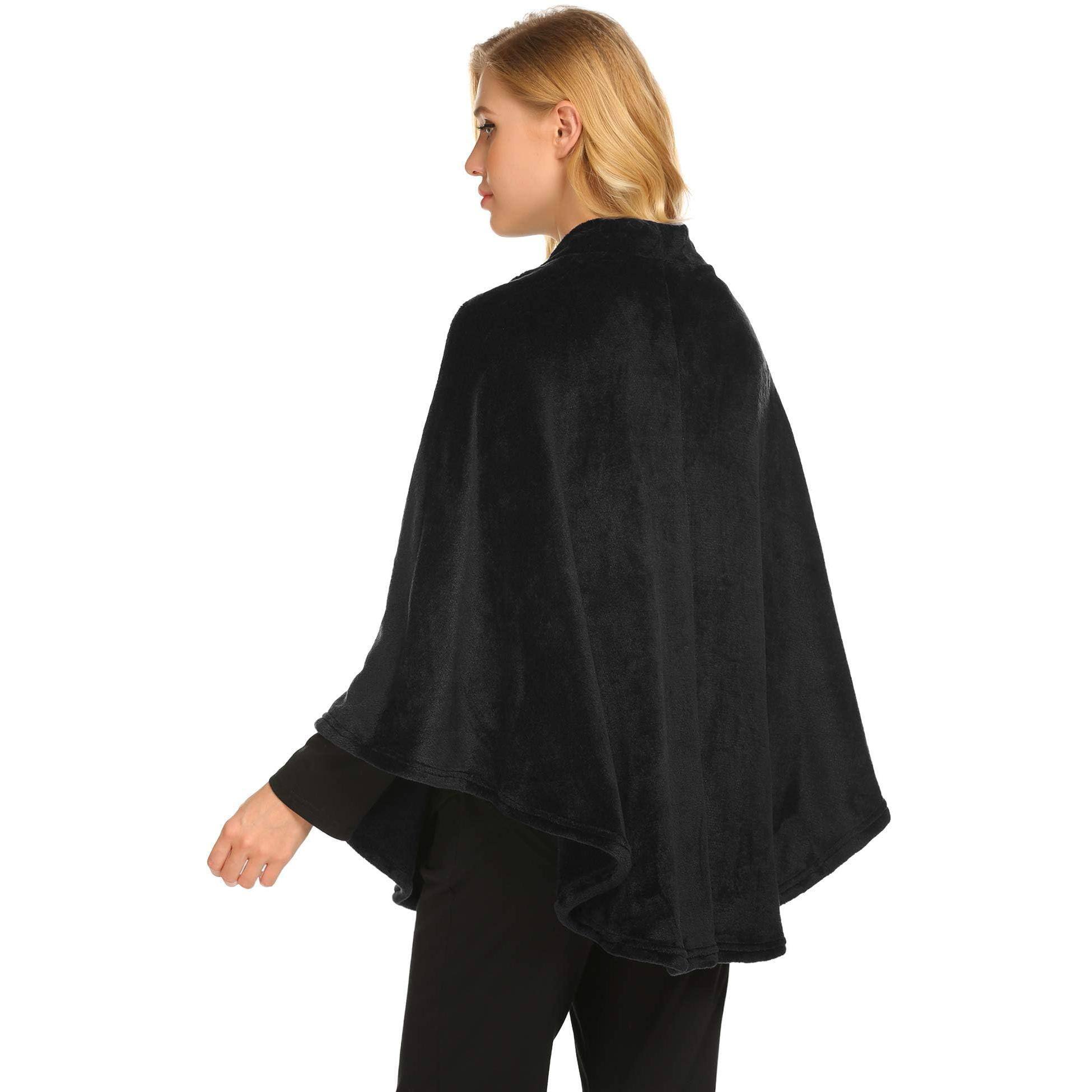 Alt View 2. Dapper Styles - Flannel Faux Poncho For Women Lightweigh Blanket Warm Tv Shawl Winter Coat Sweater Cape - A- Black-X-Large.