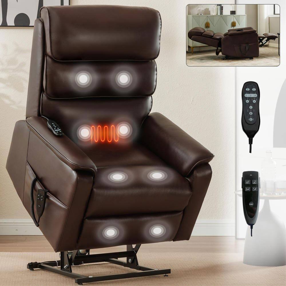 Left. Kadyn - Dual Motor Power Lift Recliner, Near 180° Recline, Massage & Heat, 350lb Capacity, Brown - Brown.