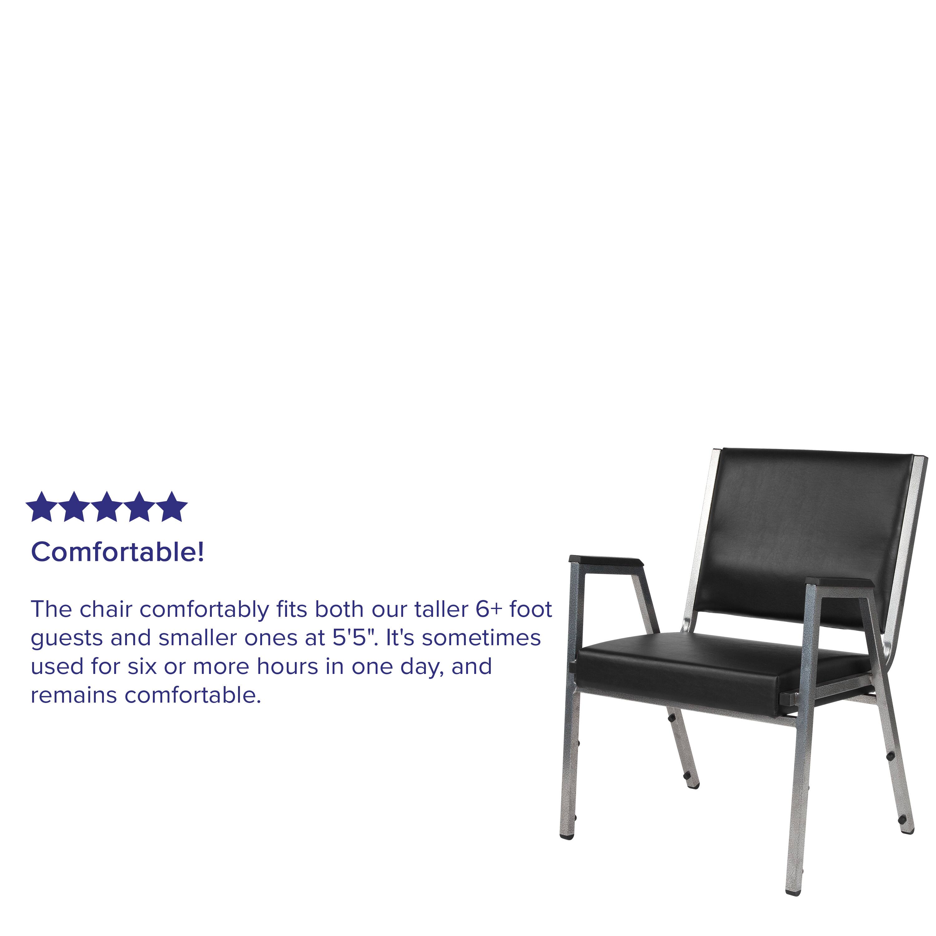 Comfortable!  
The chair comfortably fits both our taller 6+ foot guests and smaller ones at 5'5". It's sometimes used for six or more hours in one day, and remains comfortable.