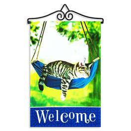 G128 - Garden Flag Hanger 14.2 in with 12x18 in Welcome Sleeping Kitten Flag - Blue