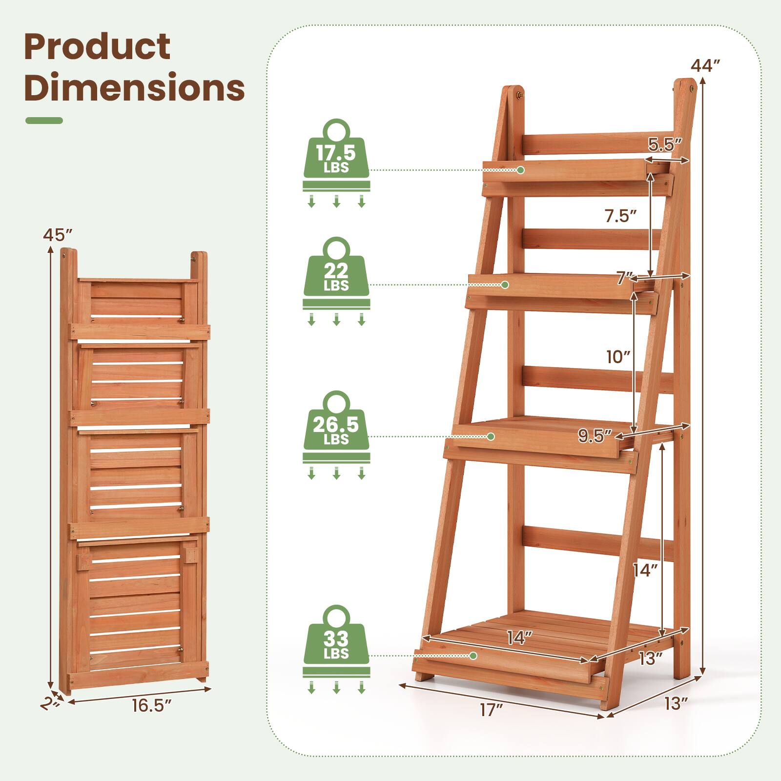 Product Dimensions

44"  
17.5 LBS  
5.5"  
45"  
7.5"  
22 LBS  
10"  
26.5 LBS  
9.5"  
14"  
33 LBS  
14"  
13"  
16.5"  
17"  
13"