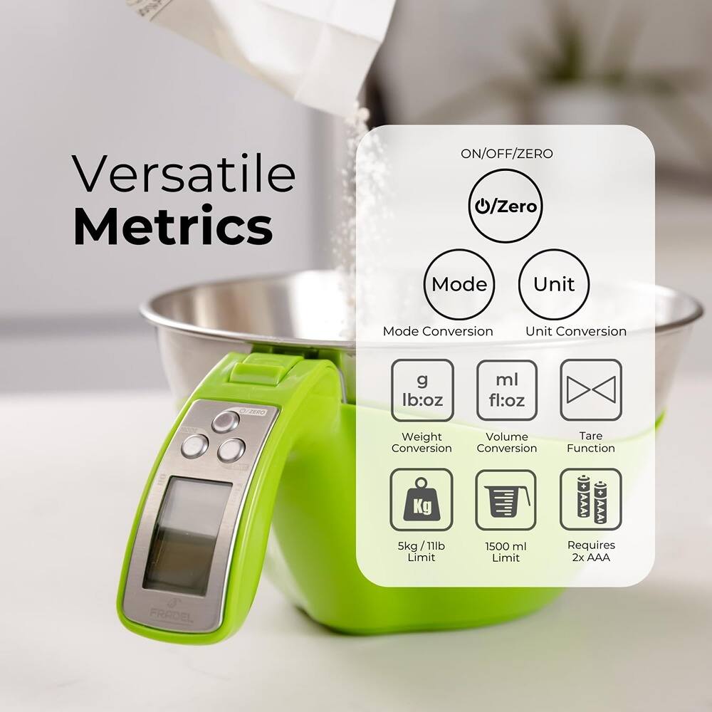 Versatile Metrics
ON/OFF/ZERO
Mode Conversion
Unit Conversion
Weight Conversion
Volume Conversion
Tare Function
5kg / 11lb Limit
1500 ml Limit
Requires 2x AAA
g
lb:oz
ml
fl:oz
Kg