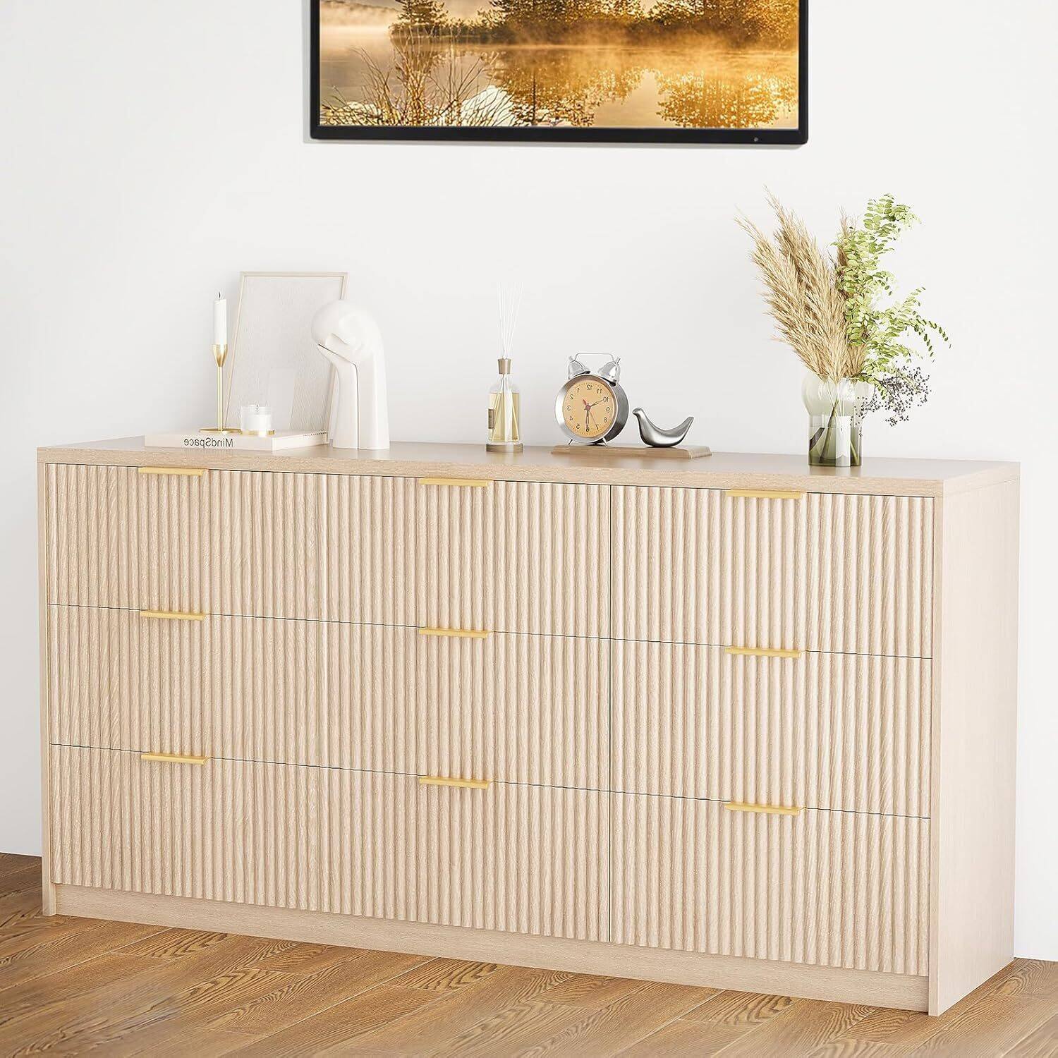 GARVEE - 9 Drawer Fluted Dresser for Bedroom, 55" Wide Modern Chest of Drawers with Metal Handle, Wood TV Stand, Color - Natural