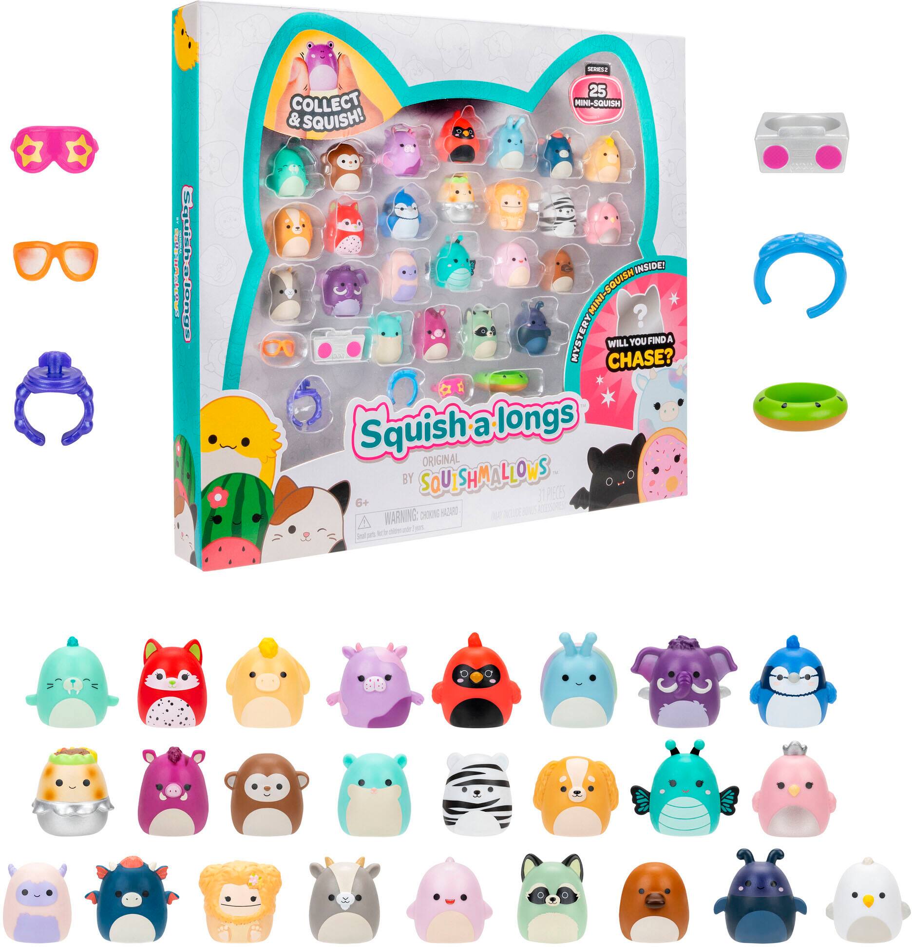 Squish a Longs Collector's Case contains 25 Squish Mini's. These small toys are part of the Squish brand, which is known for its cute and colorful designs. The case is designed to hold the Squish Mini's securely, making it a great way to store and display these collectible toys. The Squish Mini's are made of TPE, a type of plastic that is soft and flexible. They are intended for children aged 6 and up, and they come with a warning label to ensure safety. The Squish Mini's are a fun and engaging way for kids to collect and play with these adorable toys.