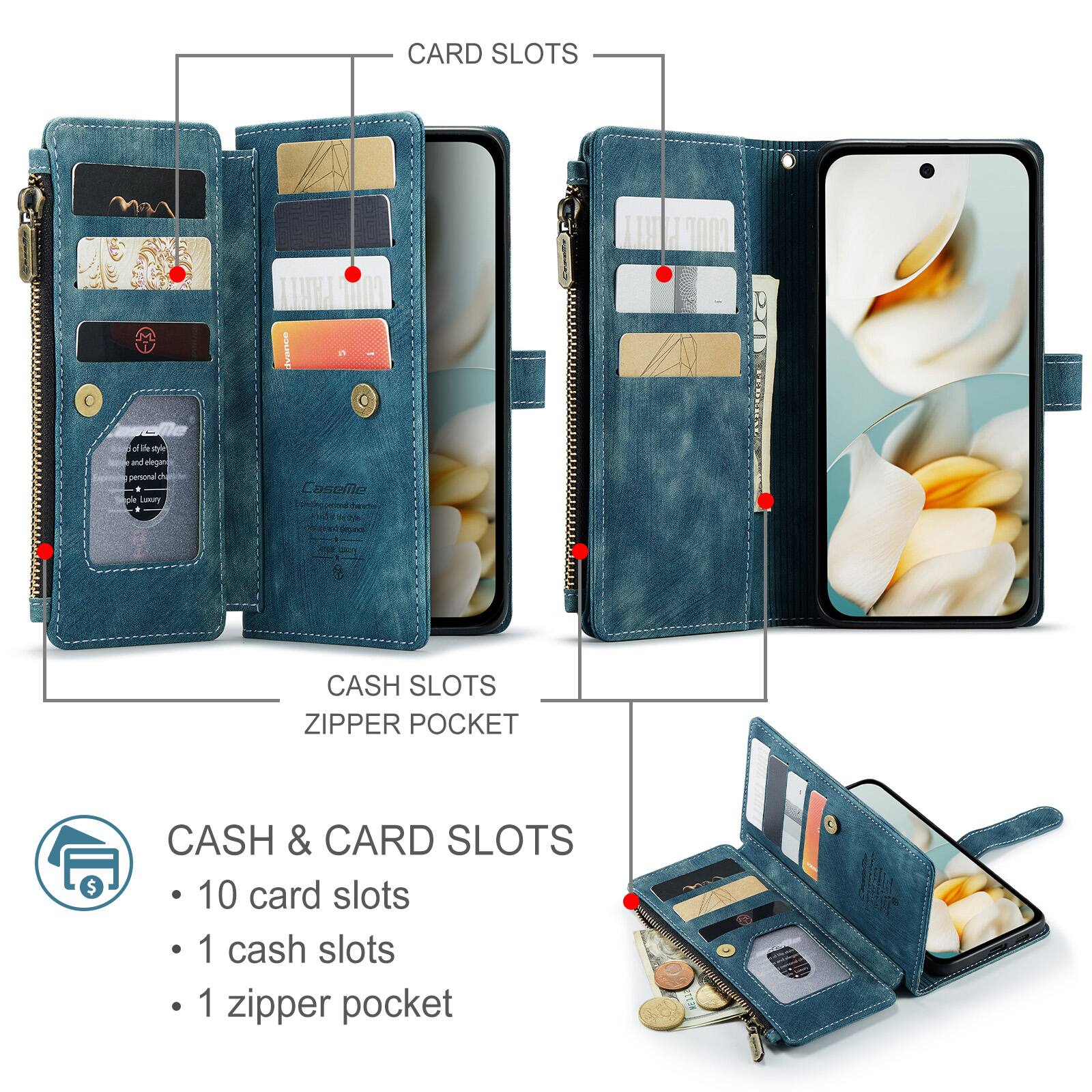 CARD SLOTS

CASH SLOTS ZIPPER POCKET

CASH & CARD SLOTS
- 10 card slots
- 1 cash slot
- 1 zipper pocket