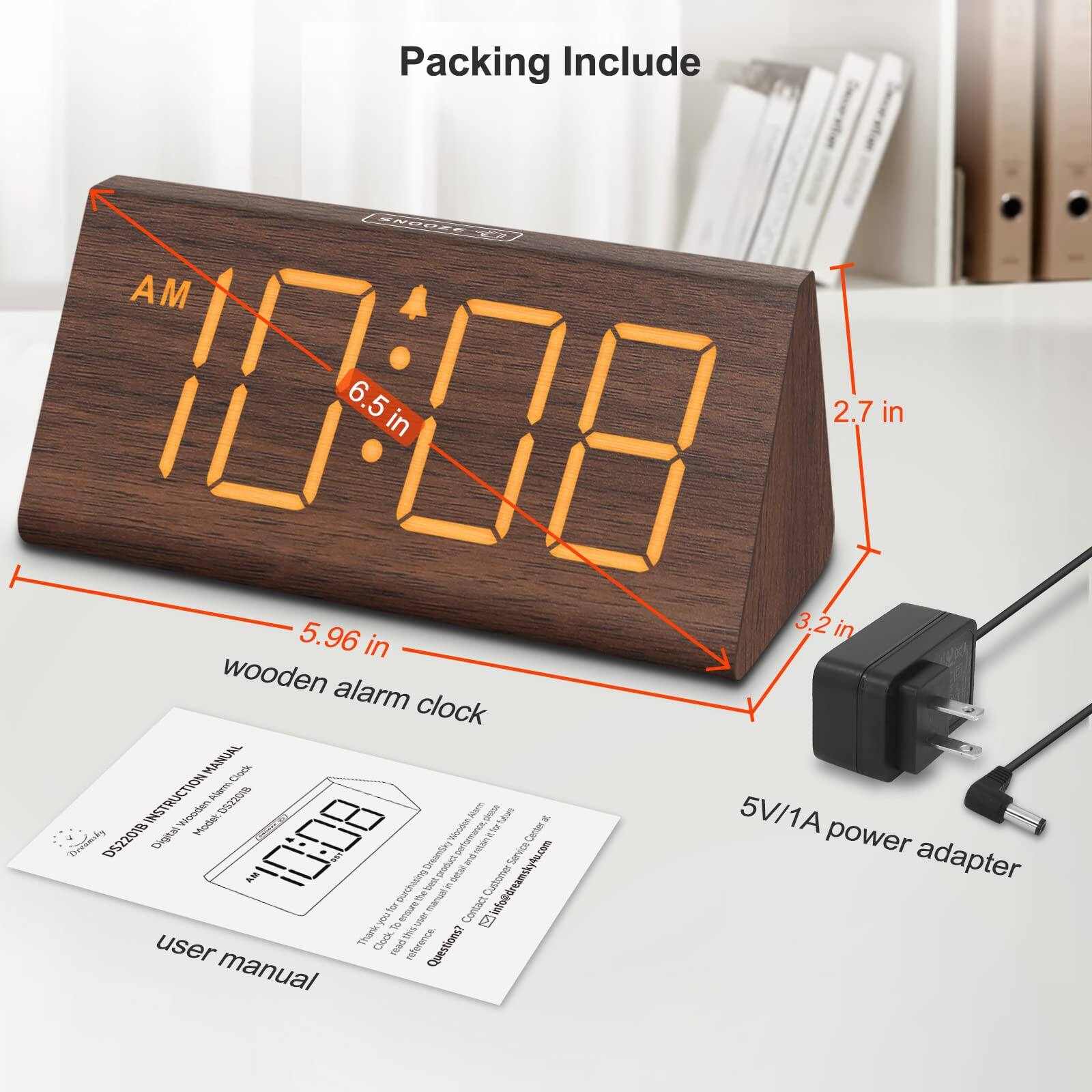 Packing Include

- Wooden alarm clock
  - Dimensions: 6.5 in x 5.96 in x 2.7 in

- 5V/1A power adapter

- User manual

Certification: CE, RoHS

Model: P522018

Contact: [email protected]

Questions? Please refer to the user manual.