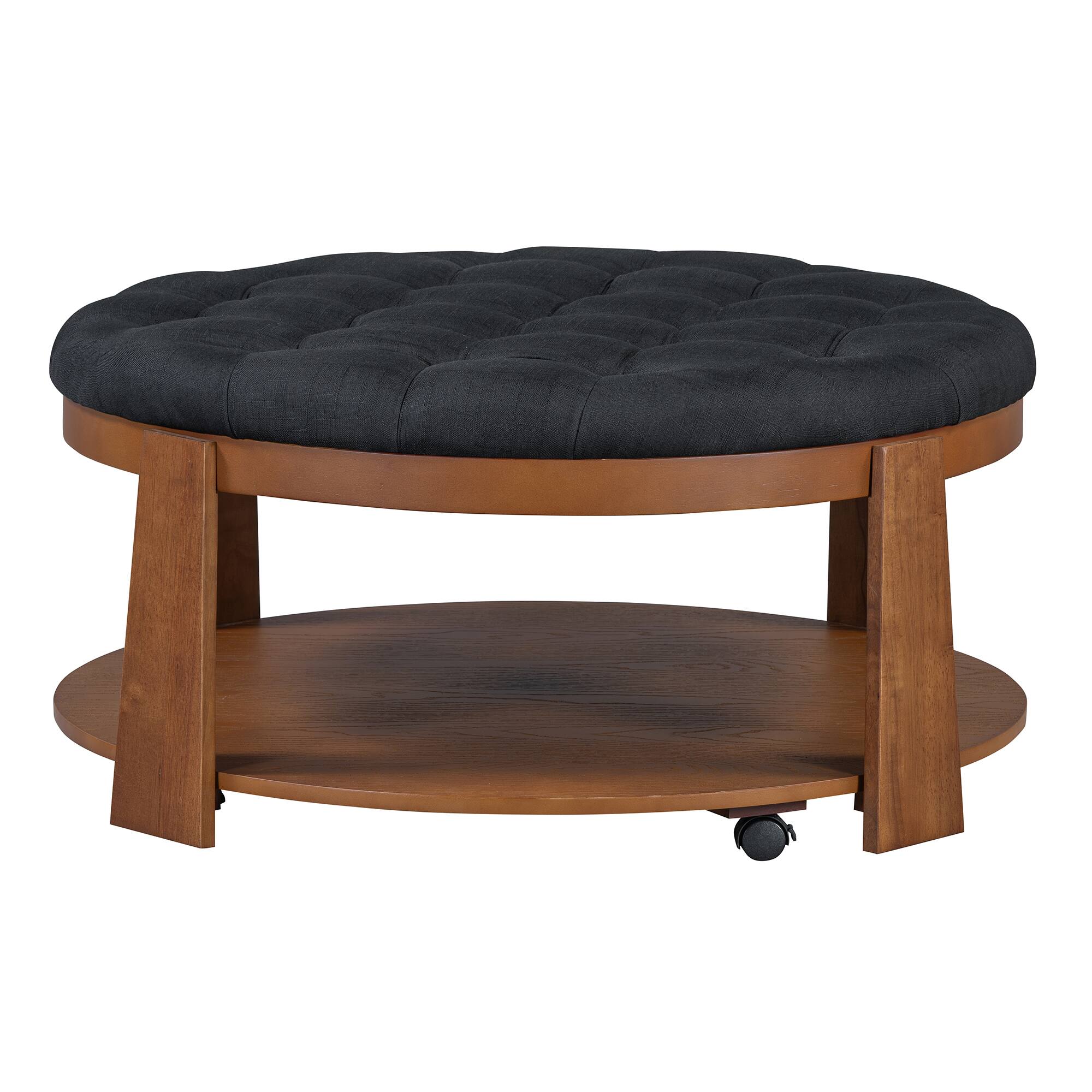 Alt View 7. Tiramisubest - Oversized Round Ottoman Coffee Table,2-Tier Button Tufted Storage Upholstered Coffee Table with Wheels,Wood Shelf,Black - Black+Brown.