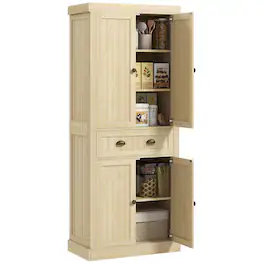 Homcom - 72" Farmhouse Pantry, 4 Soft-Close Doors, 2 Shelves, Drawer - Natural Wood