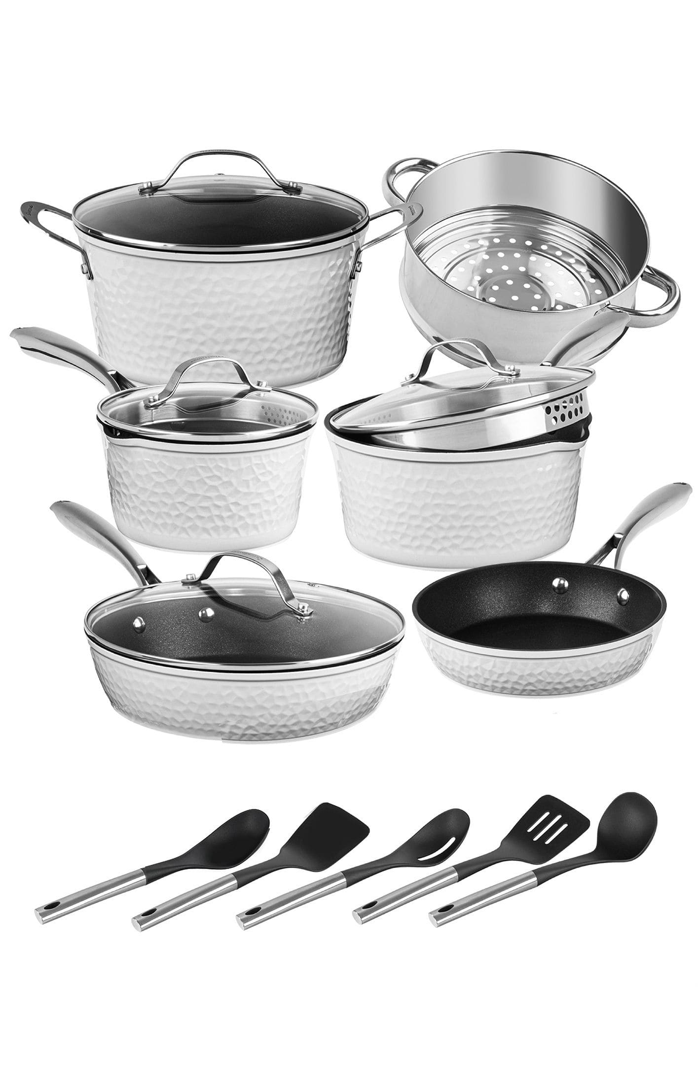 Granitestone - Charleston Collection Hammered 15-Piece Nonstick Cookware Set with Utensils - White