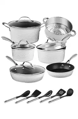Granitestone - Charleston Collection Hammered 15-Piece Nonstick Cookware Set with Utensils - White