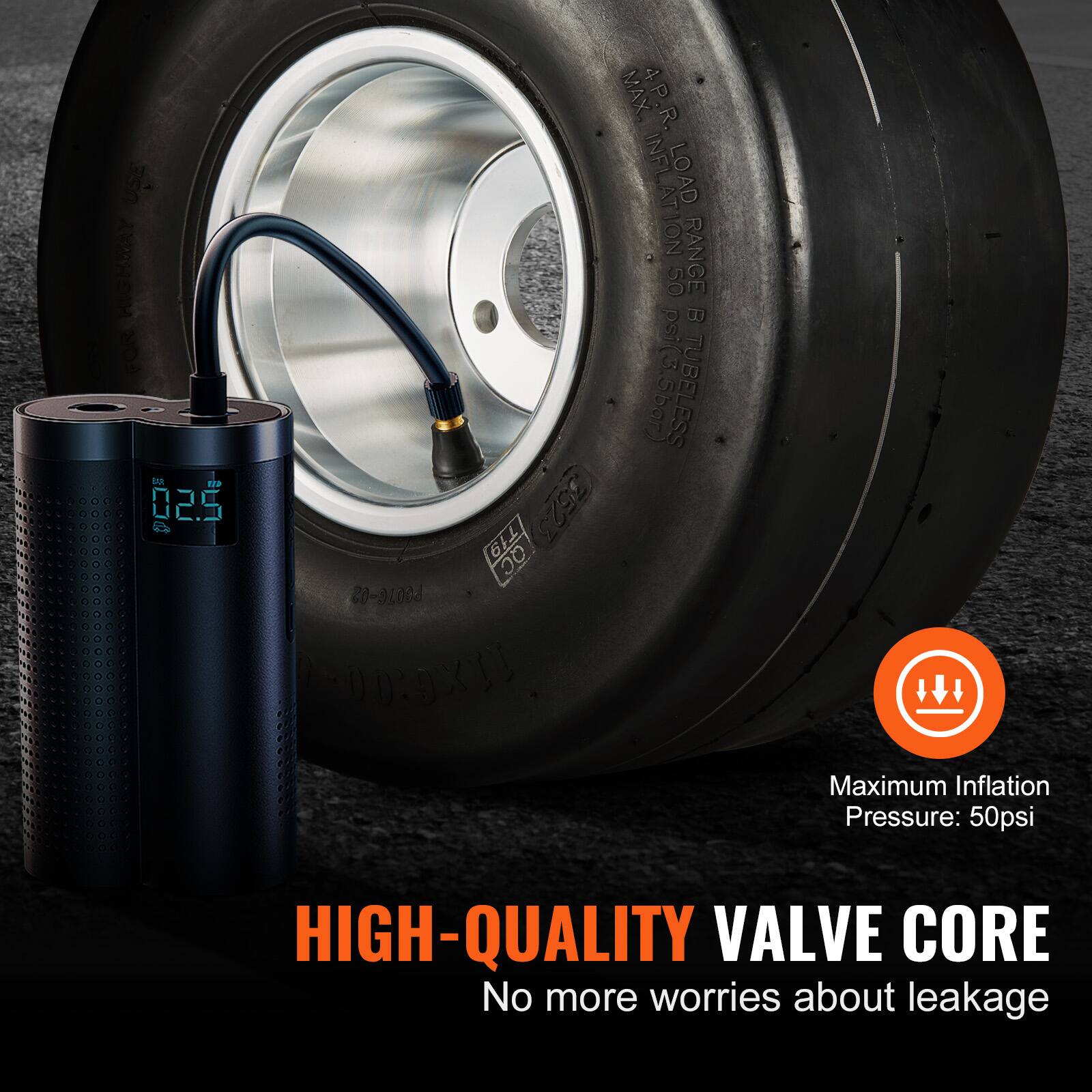 - MAX. 4P.R. INFLATION RANGE 50 psi(3.5bar) TUBELESS 352 T19 6 QC 60016-65 D0XI X

- Maximum Inflation Pressure: 50psi

- HIGH-QUALITY VALVE CORE
  No more worries about leakage