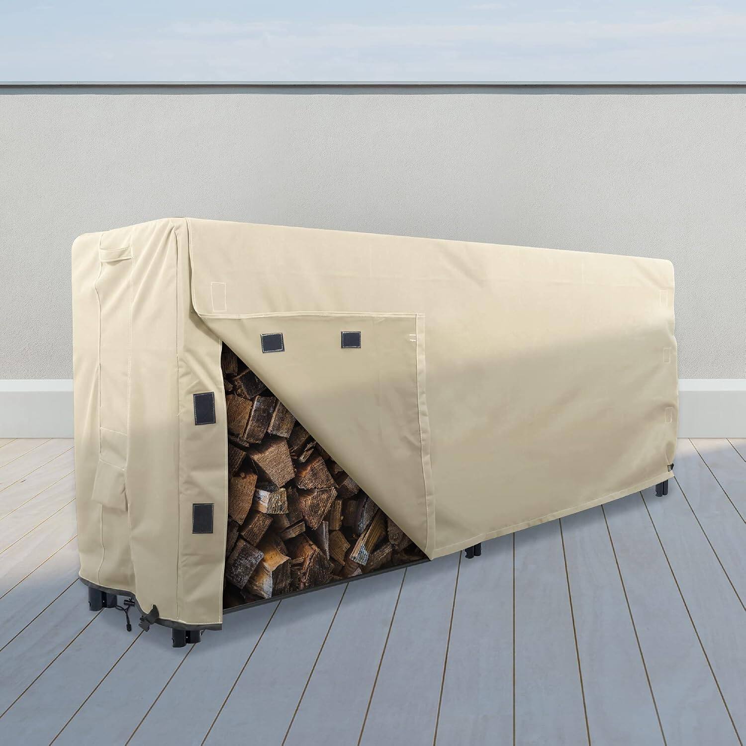 Angle. KHOMO GEAR - 8-Foot Log Rack Cover - Waterproof Heavy Duty Firewood Storage Protector - Fits 8ft Log Racks - Beige.