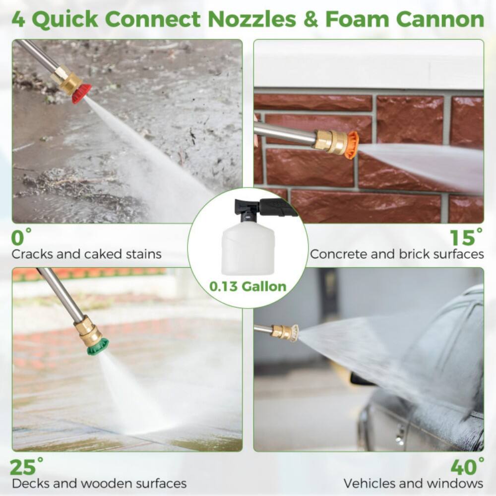 4 Quick Connect Nozzles & Foam Cannon

- 0°: Cracks and caked stains
- 15°: Concrete and brick surfaces
- 25°: Decks and wooden surfaces
- 40°: Vehicles and windows

0.13 Gallon