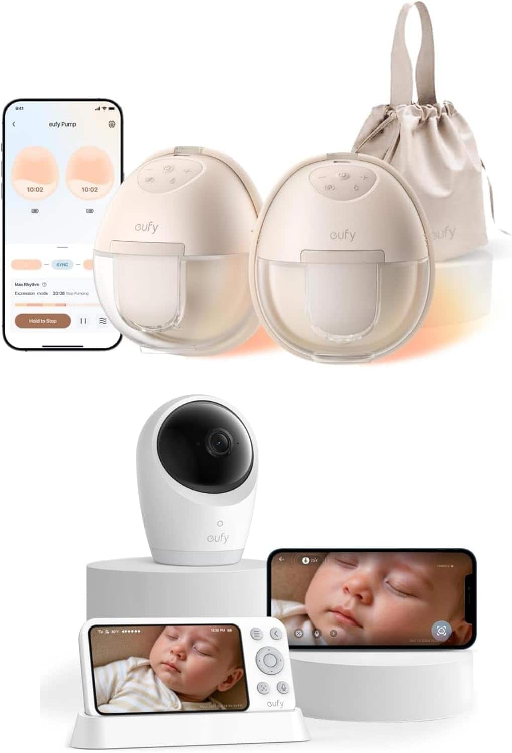 eufy - Heated Breast Pump S1 & 4K UHD Baby Monitor E21 Camera, 5'' 720p Display, 8X Zoom, Wi-Fi, Pan-Tilt, Portable Camera,ANR - Brown