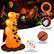 The text on the image can be grouped and corrected as follows:
1. STRONG AIR BLOWER: Fast & Convenient T3 BUILT-IN SANDBAG Not easy to blow away
2. ZIPPER DESIGN: Avoid air leakage
3. LED LIGHTS: Bring eye-catching appearance
These three sentences describe the features of the orange inflatable snowman with a witch's hat and orange pumpkin face.