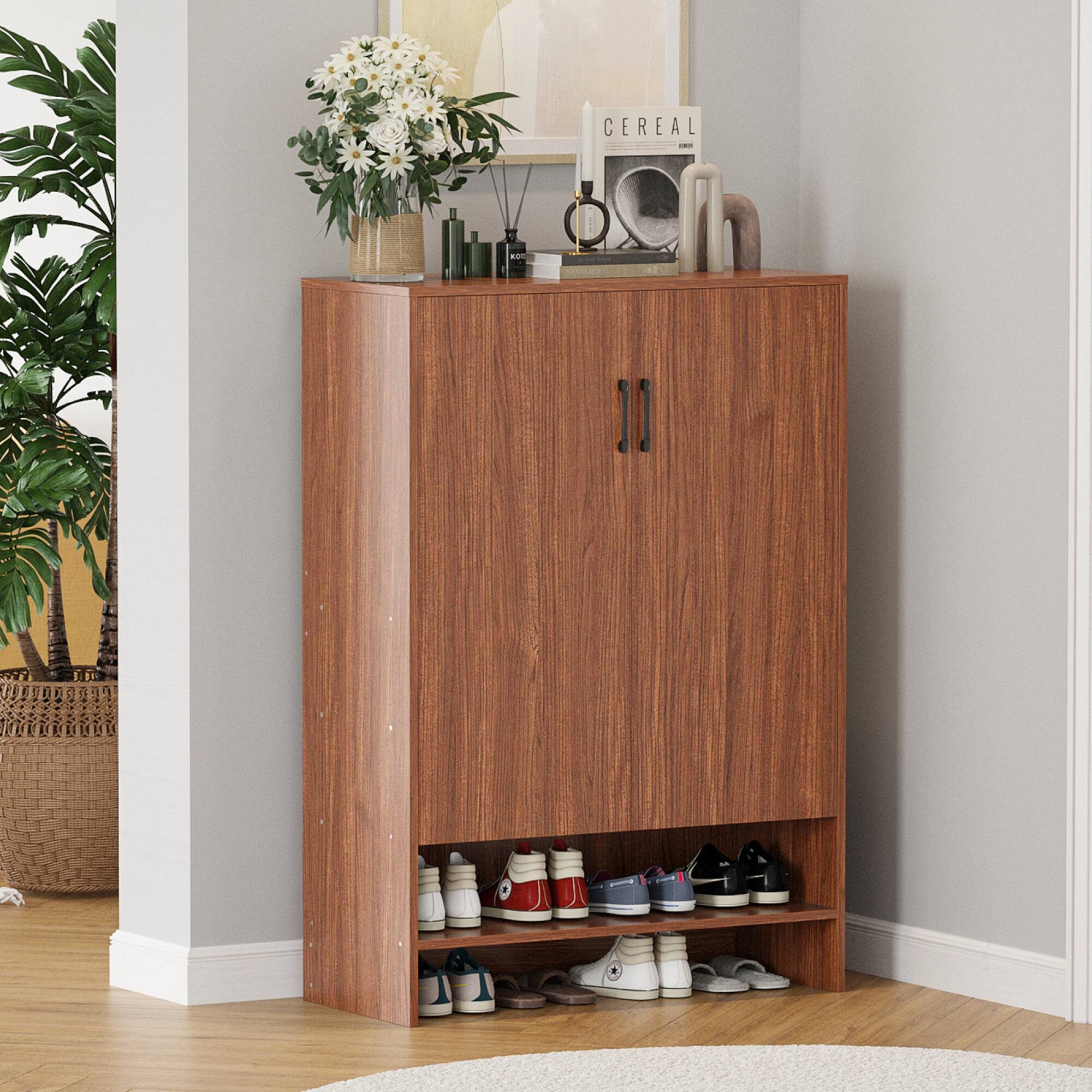 Left. GOODSILO - 7-Tier Hidden Shoe Storage Cabinet with Adjustable Shelves for Entryway Hallway Living Room Organizer - Walnut.