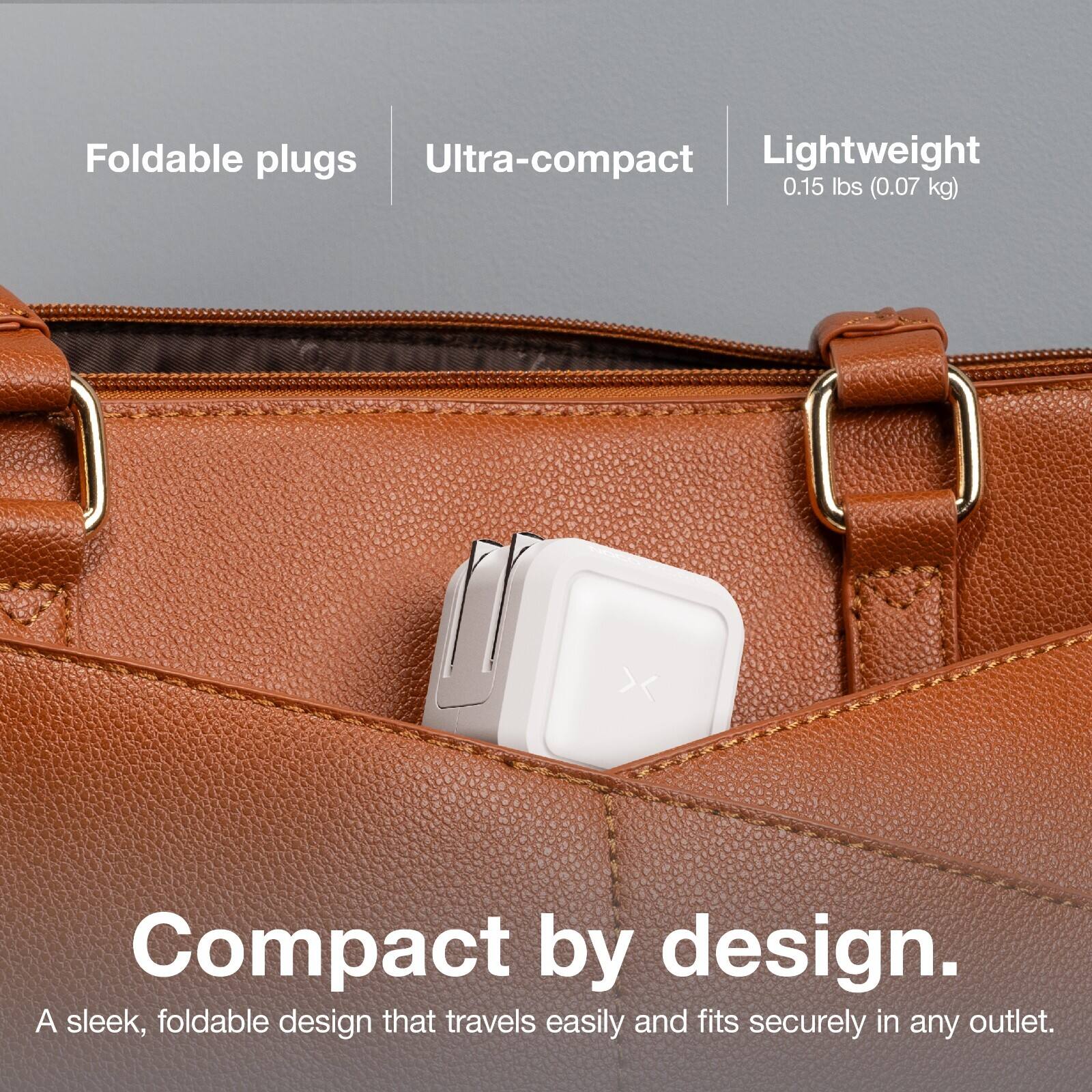 Foldable plugs Ultra-compact Lightweight 0.15 lbs (0.07 kg) Compact by design. A sleek, foldable design that travels easily and fits securely in any outlet.