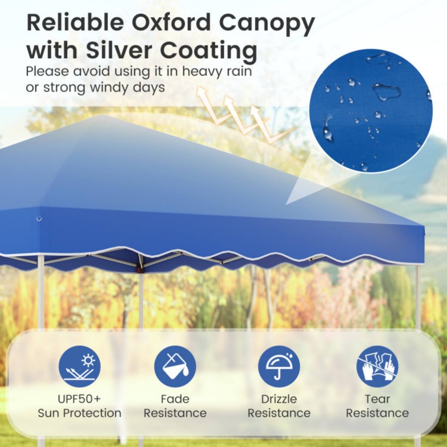 Reliable Oxford Canopy with Silver Coating  
Please avoid using it in heavy rain or strong windy days  

UPF50+ Sun Protection  
Fade Resistance  
Drizzle Resistance  
Tear Resistance