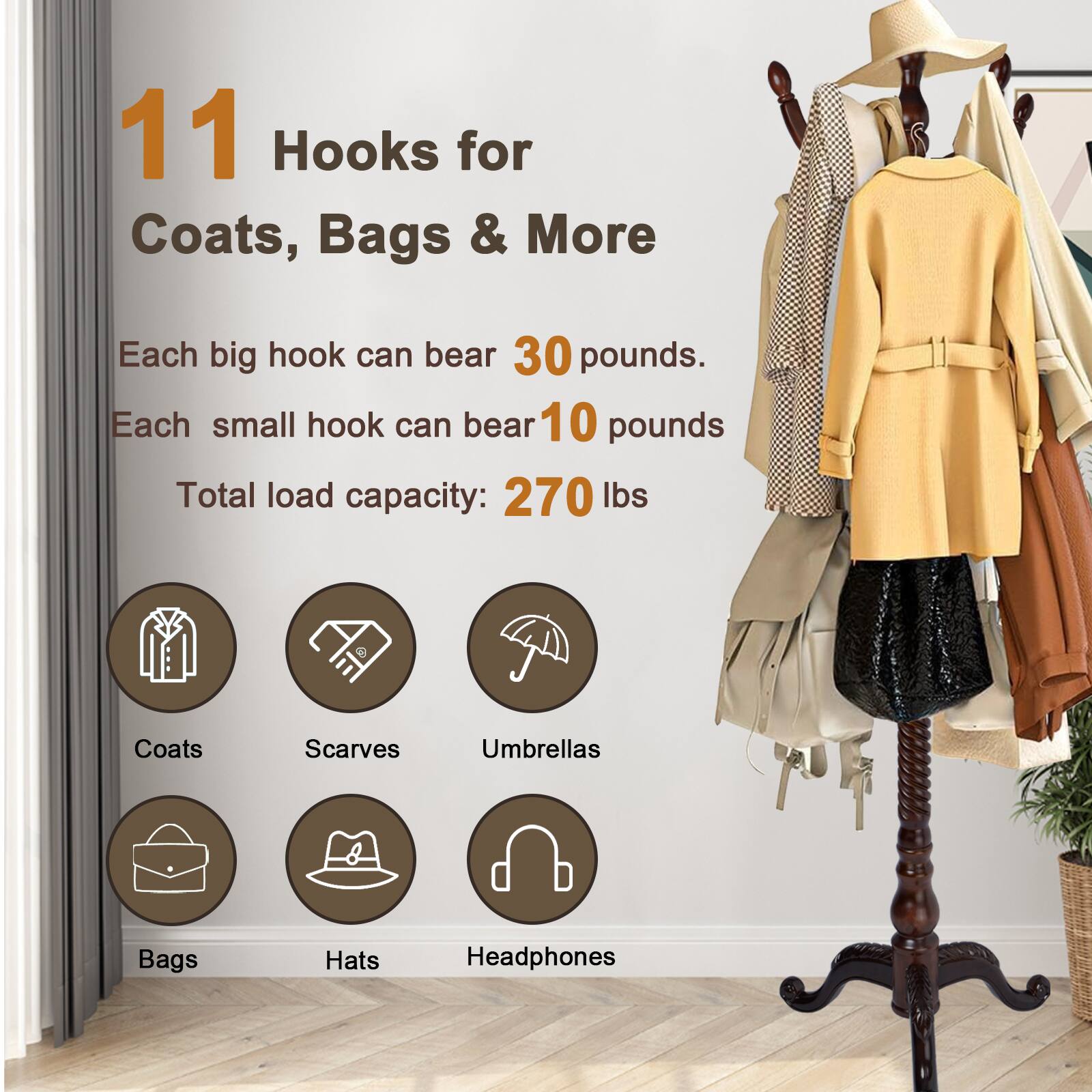 Alt View 1. Chateau Abodes - Solid Wood Coat Rack, Free Standing Hall Coat Tree with 11Hooks, 2 Height Options, 270lbs Load, Stury Base - Dark Brown - Tri-legged.