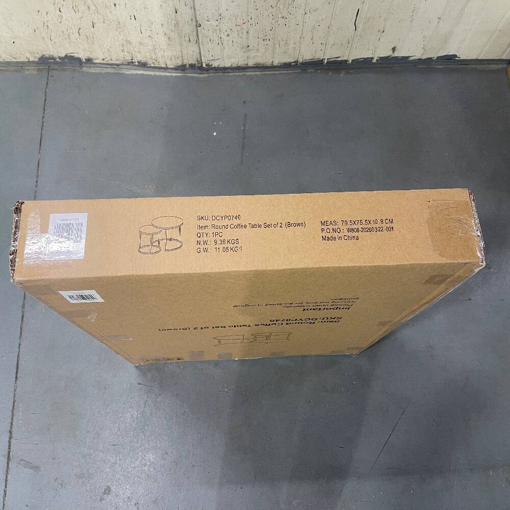 SKU: DCYP0740  
Item: Round Coffee Table Set of 2 (Brown)  
QTY: 1PC  
N.W.: 9.36 KGS  
G.W.: 11.05 KGS  
MEAS: 79.5X75.5X10 CM  
P.O.NO.: W808-20260322-061  
Made in China