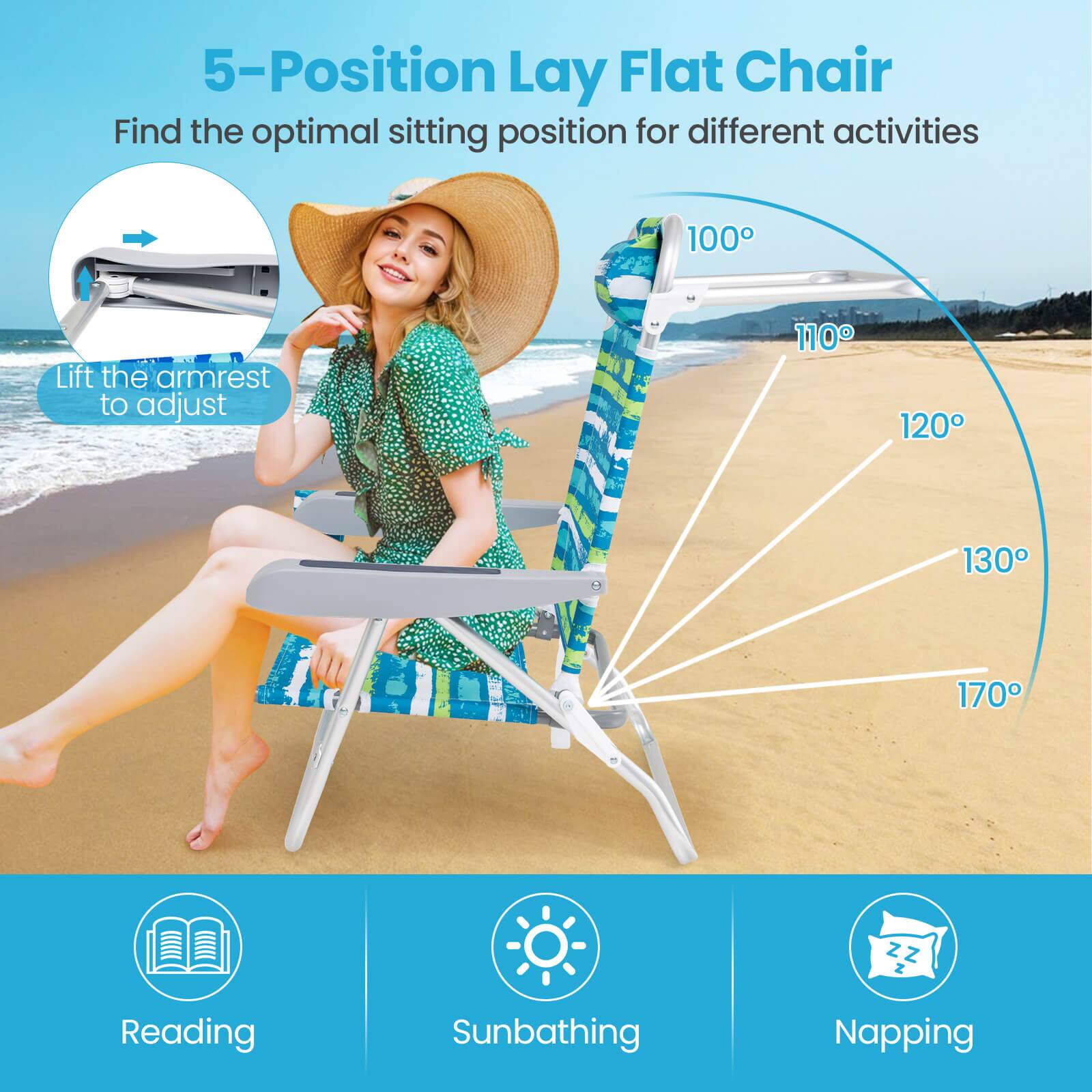 5-Position Lay Flat Chair  
Find the optimal sitting position for different activities  

Lift the armrest to adjust  

Reading  
Sunbathing  
Napping  

100°  
110°  
120°  
130°  
170°