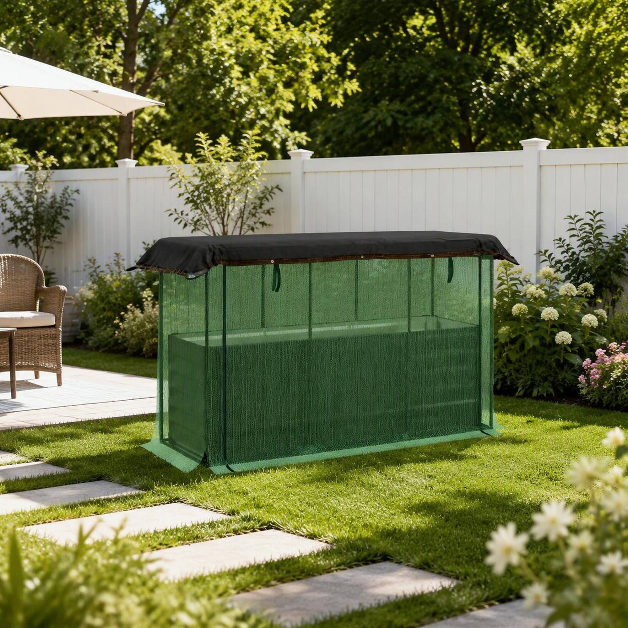 Back. RYHNUYNE - Galvanized Steel Raised Garden Bed with Crop Cage and Shade Cloth for Vegetables Flowers and Herbs - Dark Green.