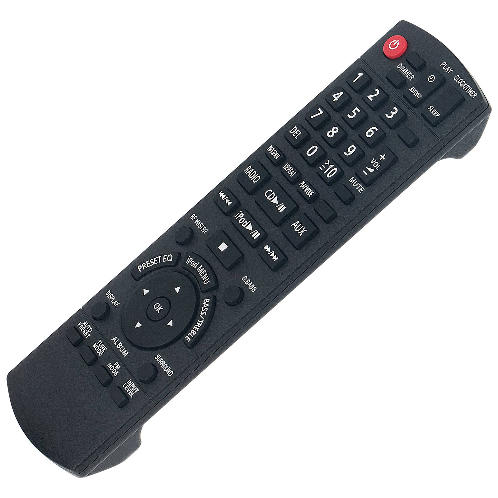 Sure, here is the corrected and grouped text from the image:

**Top Section:**
- DIMMER
- PLAY
- 1 2 3
- 4 5 6
- 7 8 9
- 0
- +
- -
- VOL
- RADIO
- CD
- AUX
- EQ
- iPod
- PRESET EQ
- iPod MENU
- D.BASS
- DISPLAY
- OK
- BASS
- TREBLE
- ALBUM
- MODE
- FM
- SURROUND
- INPUT
- PS

**Middle Section:**
- CLOCK/TIMER
- SLEEP
- DEL
- REPEAT
- MUTE
- PRESET MENU
- AUTO BASS/TREBLE
- RE-MASTER
- iPod/II
- AUX
- EQ
- iPod
- PRESET EQ
- iPod MENU
- D.BASS
- DISPLAY
- OK
- BASS
- TREBLE
- ALBUM
- MODE
- FM
- SURROUND
- INPUT
- PS

**Bottom Section:**
- RE-MASTER
- iPod
- PRESET EQ
- iPod MENU
- D.BASS
-