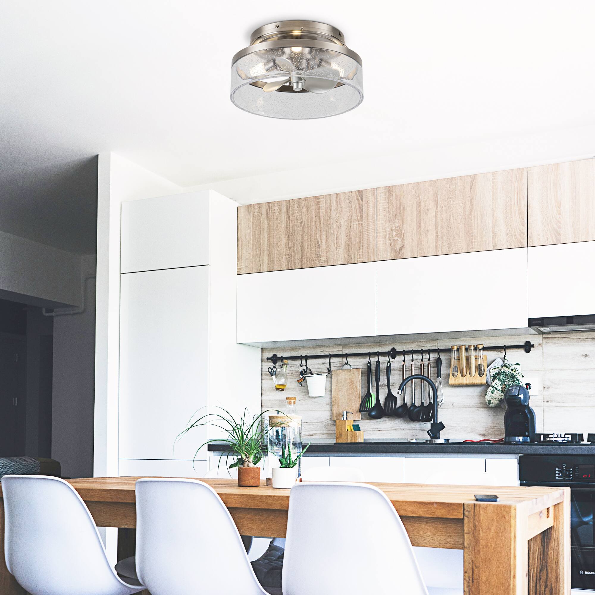 Back. Parrot Uncle - 12.6" Modern Satin Nickel Flush Mount Small Ceiling Fan with Light and Remote - Nickel.