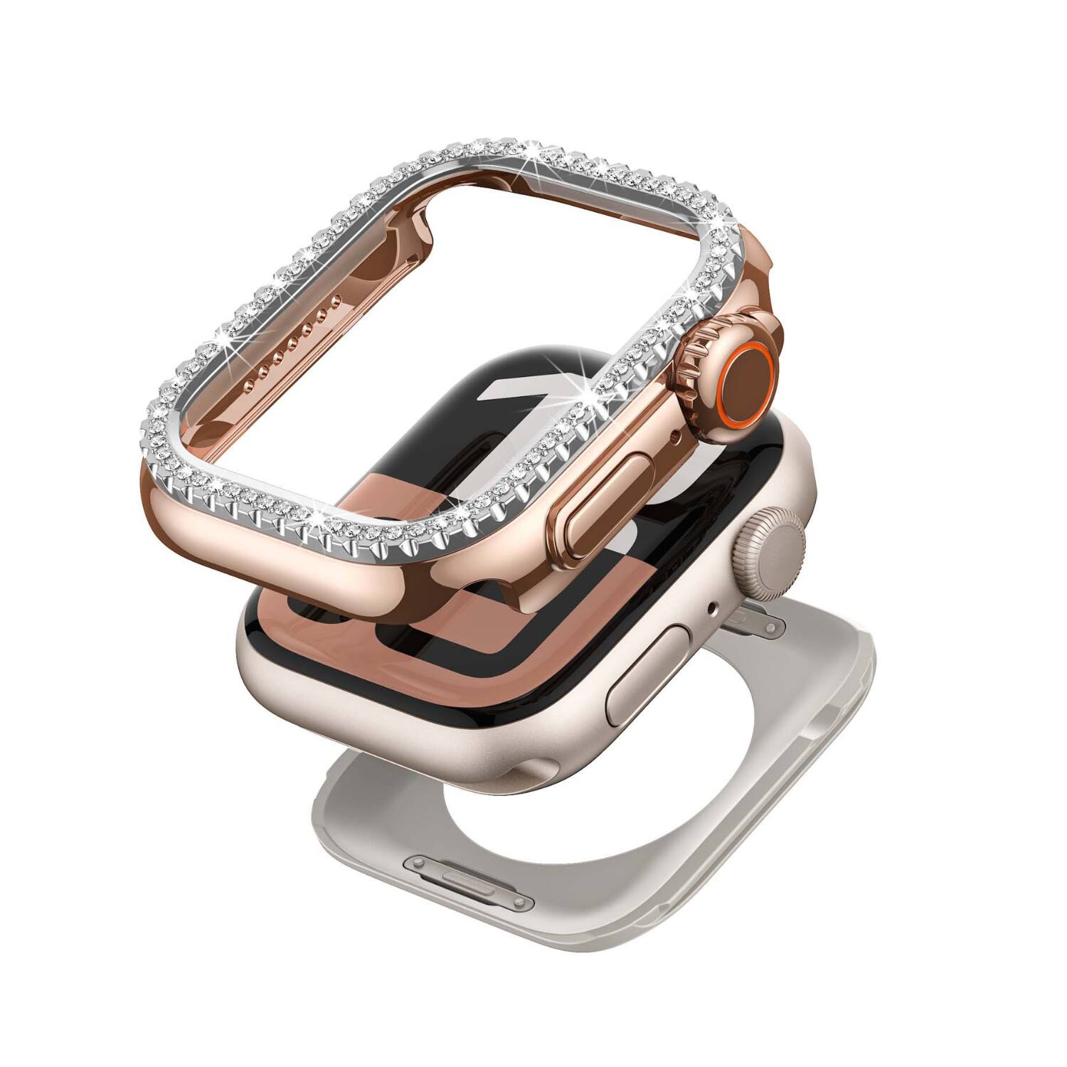 Left. Stock Preferred - Rugged Metal Diamond Bumper Case with Back Cover for Apple Watch 44mm Rose Gold Silver - Rose Gold Silver.