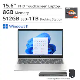 HP - 15.6" FHD Touchscreen Laptop,AMD Ryzen 7 7730U,8GB RAM,512GB SSD+1TB Dock Set,AMD Radeon Graphics,Win 11 - Silver