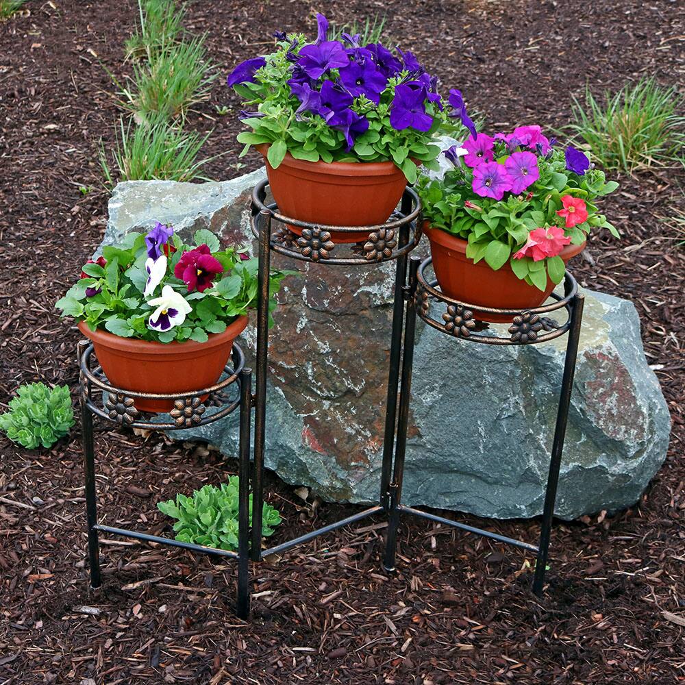 Alt View 1. Sunnydaze - Painted Metal 3-Tier Staggered Folding Plant Stand - 29 in - Bronze.