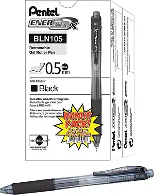 Pentel ENERGEX BLN105 Retractable Gel Roller Pen
0.5 mm
Ink colour: Black
Get ultra smooth writing feel.
Retractable gel roller pen.
Uses LR45 pen.
BONUS PACK!
Includes 2 extra refills.
Pentel of America