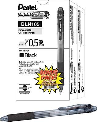 Pentel ENERGEX BLN105 Retractable Gel Roller Pen  
0.5 mm  
Ink colour: Black  

Get ultra smooth writing feel.  
Retractable gel roller pen.  
Uses LR45 pen.  

BONUS PACK!  
Includes 2 extra refills.  

Pentel of America