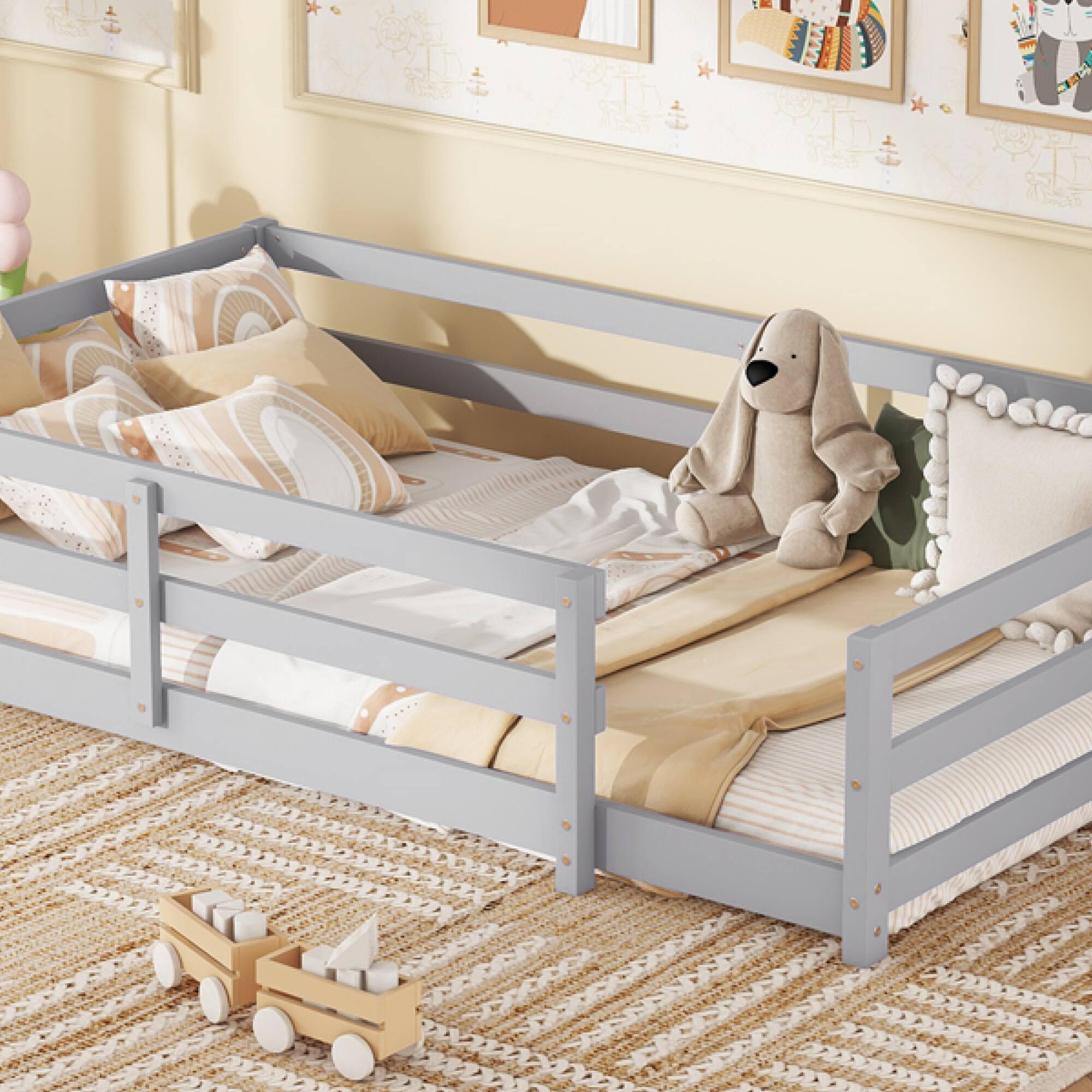 Back. GOODSILO - Twin Size Floor Bed for Kids with Safety Fence, Sturdy Wooden Montessori Style Bed Frame for Boys and Girls - Grey.