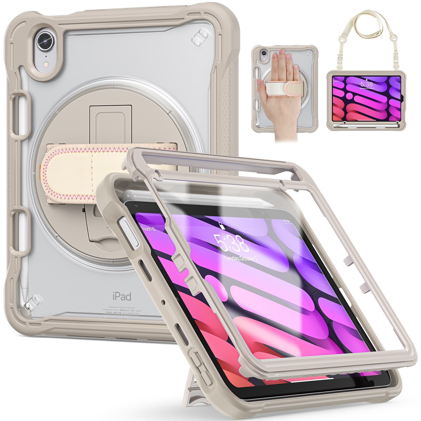 Dteck - Rugged Case for Apple iPad mini (6th Generation) 2021 Built-in Screen Protector, Shockproof Kickstand Cover with Strap - Khaki