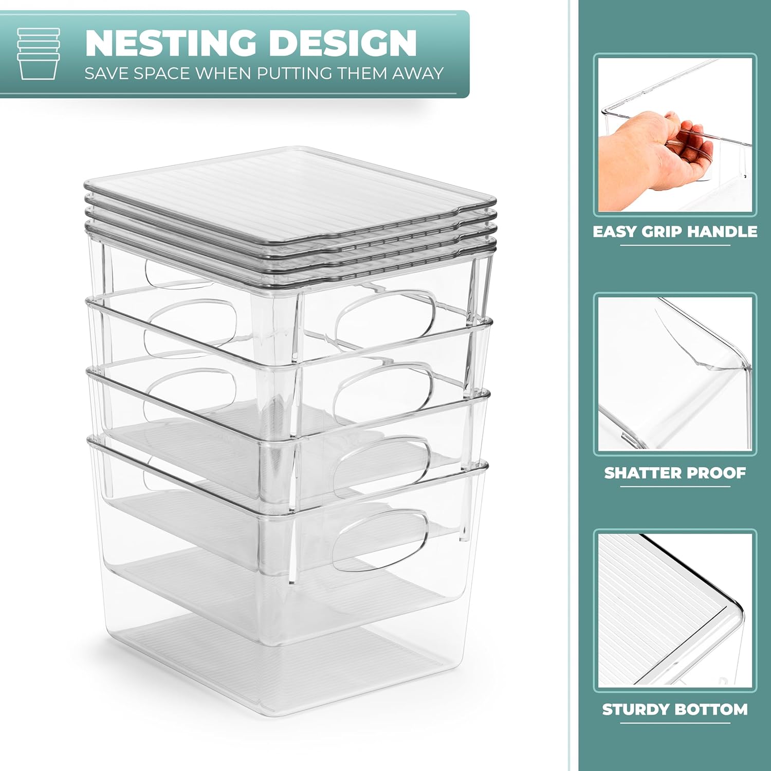 NESTING DESIGN  
SAVE SPACE WHEN PUTTING THEM AWAY  

EASY GRIP HANDLE  
SHATTER PROOF  
STURDY BOTTOM