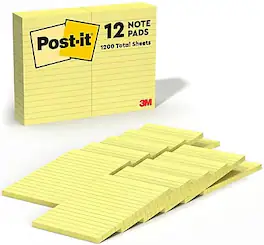 Post-it - Notes, 4" x 6", Canary Collection, Lined, 100 Sheet/Pad, 12 Pads/Pack - Canary Yellow