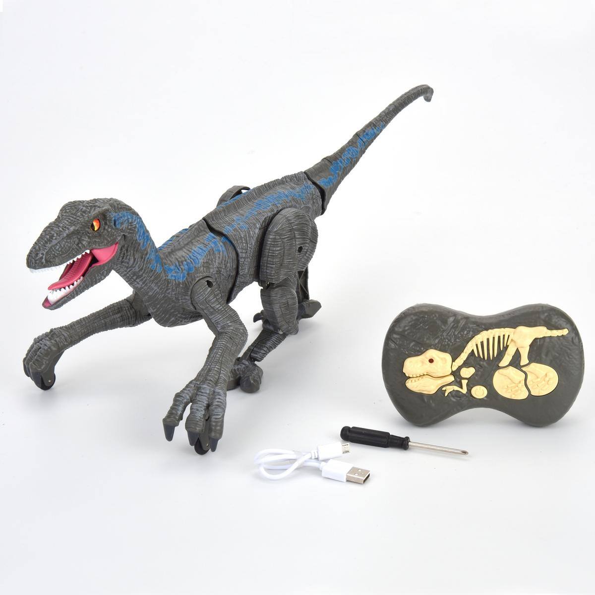 Alt View 1. JuzToys - Remote Control Dinosaur Toy, Velociraptor RC Dino Toy with 3D Eye LED Light, Roaring & Shaking Head – Gray - Gray.