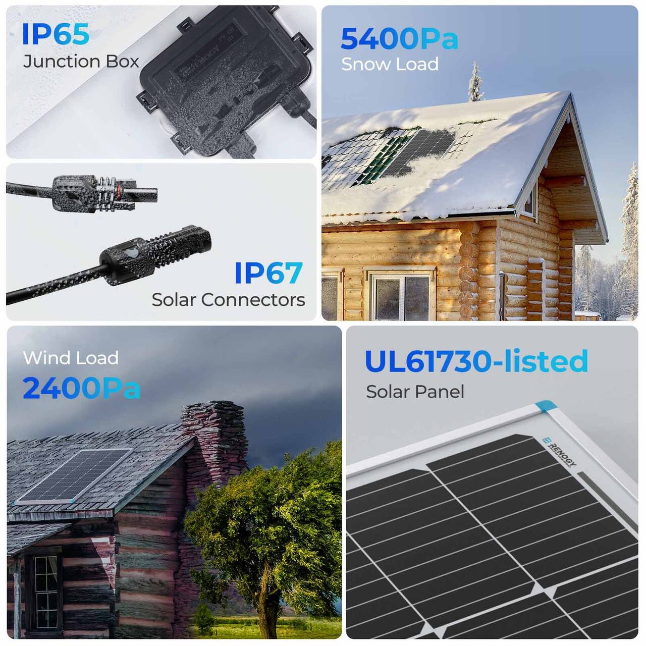 The image shows a variety of solar panels and related products, grouped under different categories. The text on the image reads:

1. IP65 Junction Box: This product is designed to withstand harsh weather conditions and provide a secure connection for solar panels.
2. 5400Pa Snow Load: This solar panel is designed to withstand heavy snowfall and maintain its performance in cold and snowy conditions.
3. IP67 Solar Connectors: These connectors are designed to be waterproof and resistant to dust and dirt, ensuring a reliable connection between solar panels and other components.
4. Wind Load 2400Pa: This solar panel is designed to withstand strong winds and maintain its performance in windy conditions.
5. UL61730-listed Solar Panel: This solar panel has been tested and certified by the Underwriters Laboratories (UL) to meet safety and performance standards.
6. Solar Panel e5: This solar panel is designed with advanced technology to maximize energy output and efficiency.

The image showcases the versatility and resilience of these solar panels and connectors, making them suitable for various weather conditions and environments.