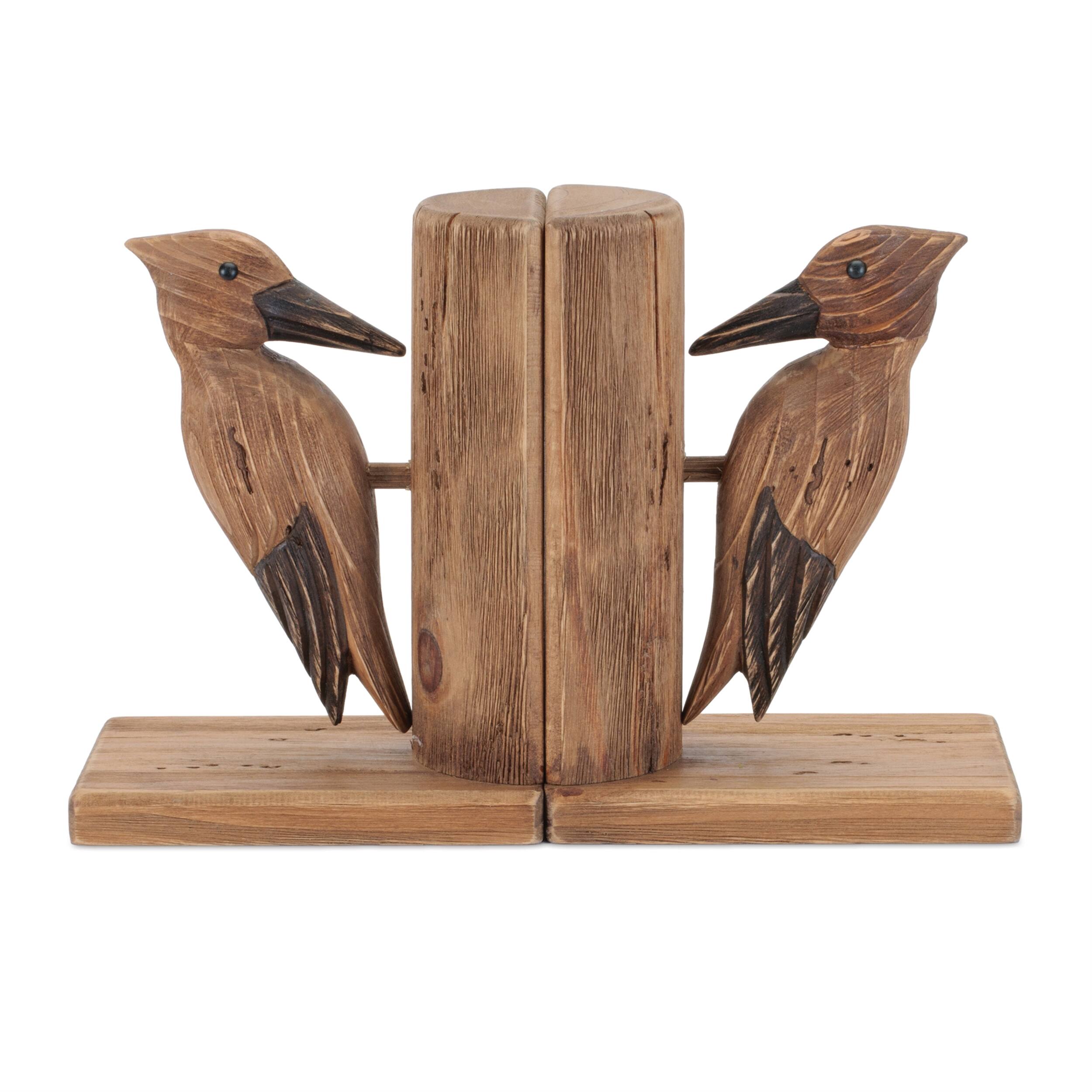 Left. BreeBe - Pine Wood Woodpecker Bird Bookend (Set of 2) - Brown.