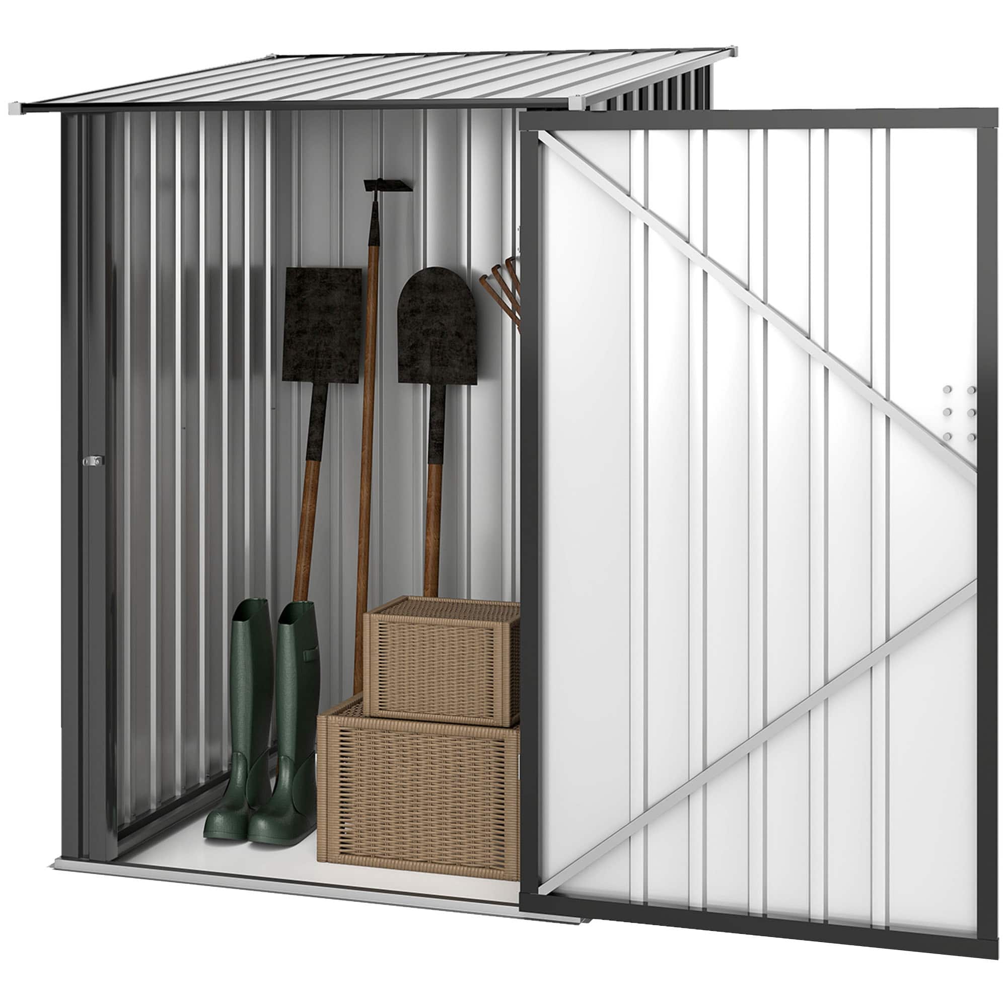 Outsunny - 3.3' x 3.4' Lean-to Garden Storage Shed, Galvanized Steel Tool House with Lockable Door for Patio - Dark Gray