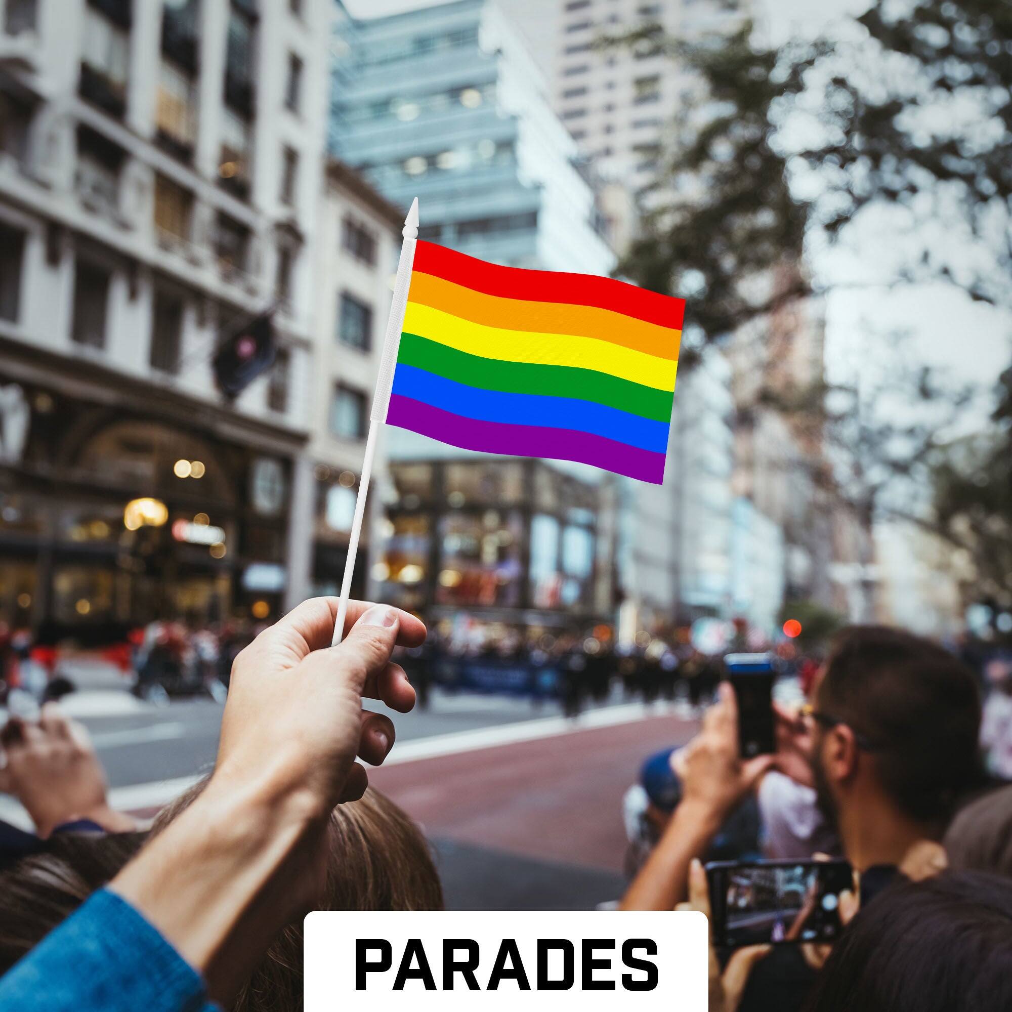 Back. G128 - Handheld LGBT Rainbow Pride Stick Flags 4x6 Inch Printed 150D Polyester 10 Pack - Rainbow.