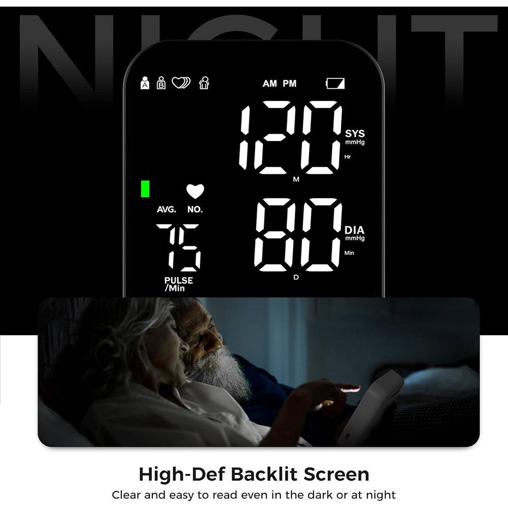 Sure, here is the corrected and grouped text:

---

**High-Def Backlit Screen**  
Clear and easy to read even in the dark or at night

---

**AM PM**  
**170**  
**SYS mmHg**  
**80**  
**DIA mmHg**  
**PULSE /Min**  
**16**  
**AVG. NO.**  
**M**  
**D**  

---