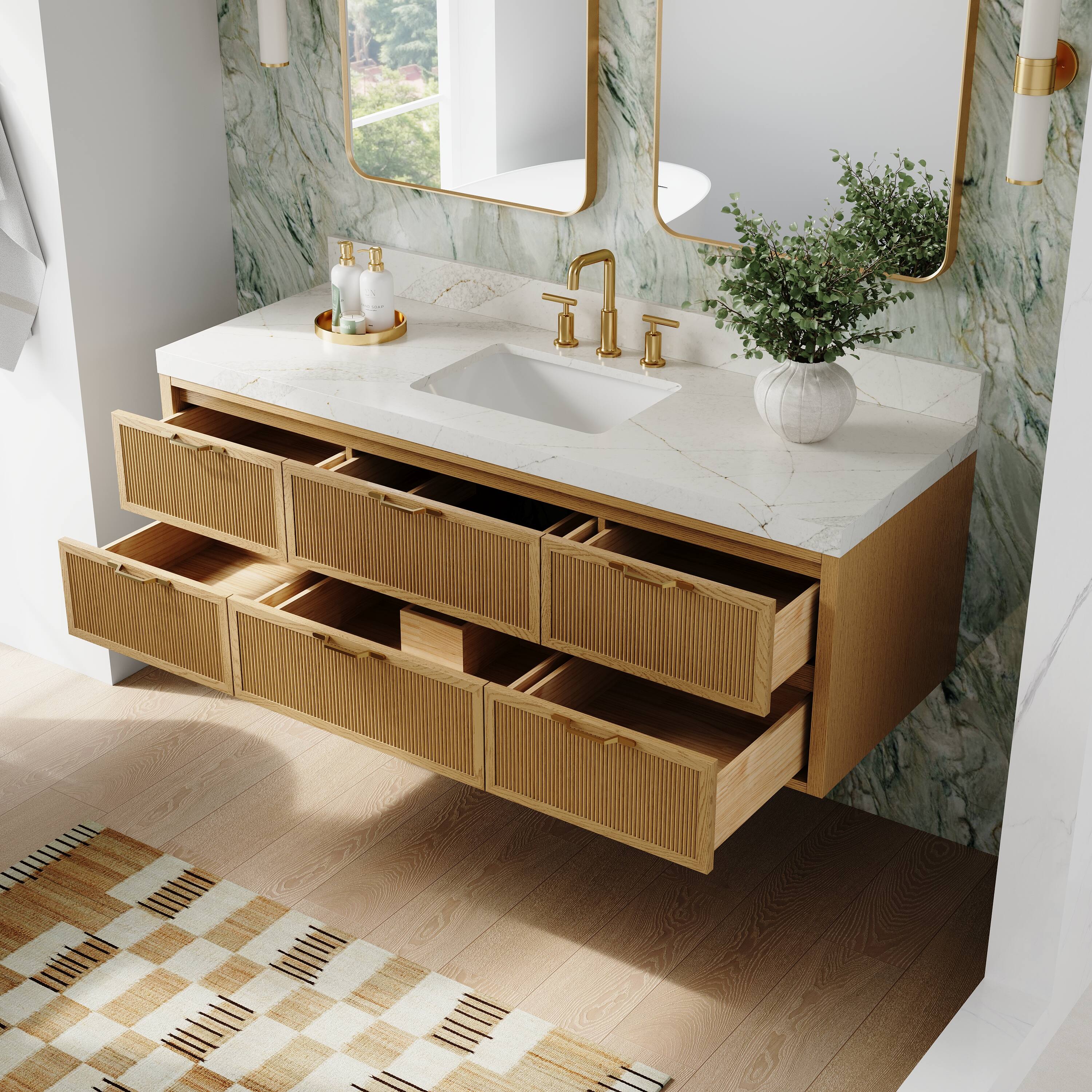 Angle. WELLFOR - LYNOAK 60 in. Wall-mount Solid Wood Bath Vanity with Quartz Top, Single Sink, Soft Close, Assembled - OAK.